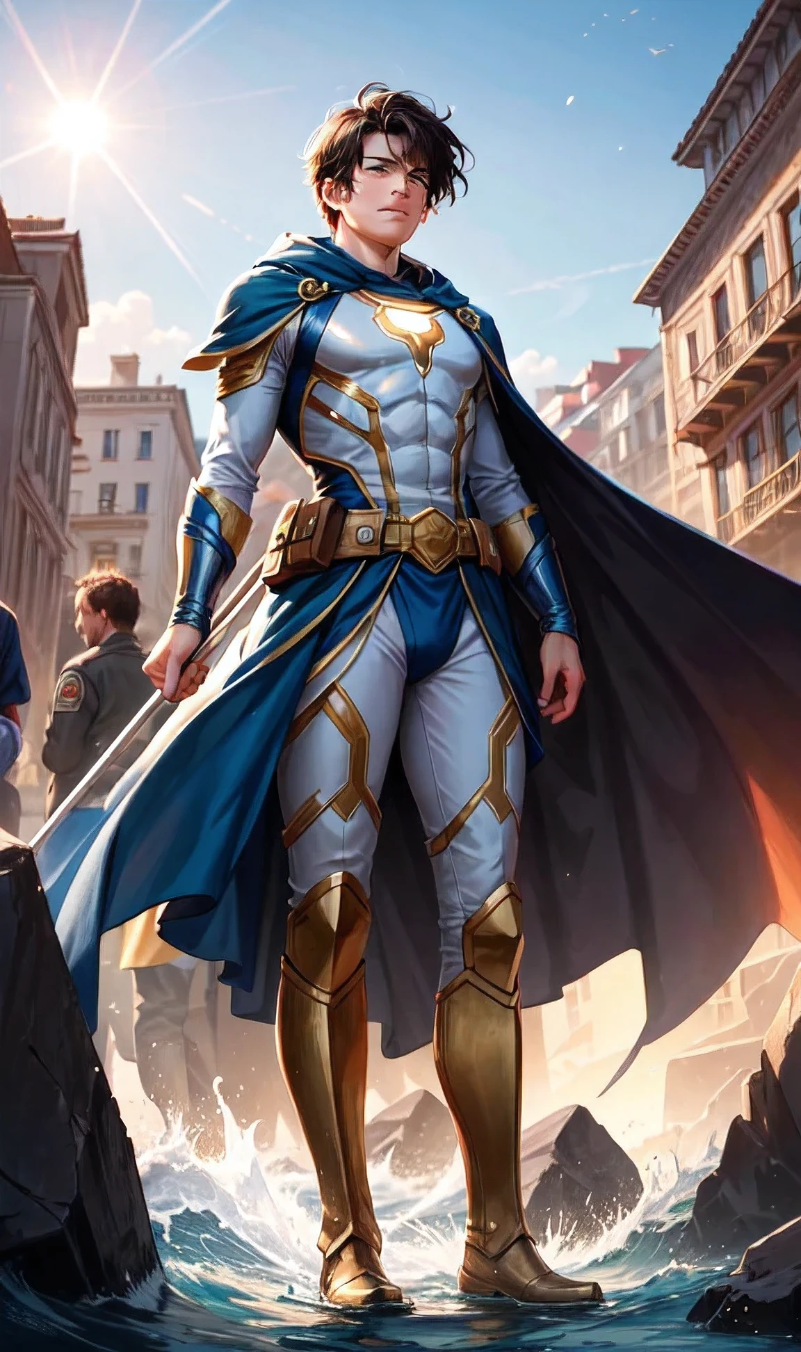 As the sun began to set, casting a warm golden glow over the city, a commotion erupted in the bustling square. People turned their heads and gasped in amazement as a figure descended from the sky, gracefully landing amidst the crowd. It was the city's beloved superhero, their symbol of hope and protection.
The superhero stood tall and proud, a beacon of strength and compassion. Their costume, a striking combination of grey, white, and gold elements, shimmered in the fading light. A flowing blue cape billowed behind them, adding to the dramatic effect of their arrival.
The hero's smile was infectious, radiating kindness and reassurance to everyone around. They moved with ease through the crowd, stopping to shake hands, offer words of encouragement, and even share a laugh or two. It was clear that this hero wasn't just a savior in times of crisis, but also a friend to the community.
The mood in the square was electric, filled with a sense of awe and gratitude. It was as if the hero's presence had brought a wave of optimism, washing away any lingering fears or doubts. For the people in the crowd, it was a reminder that no matter what challenges they faced, their hero would always be there to save the day.
