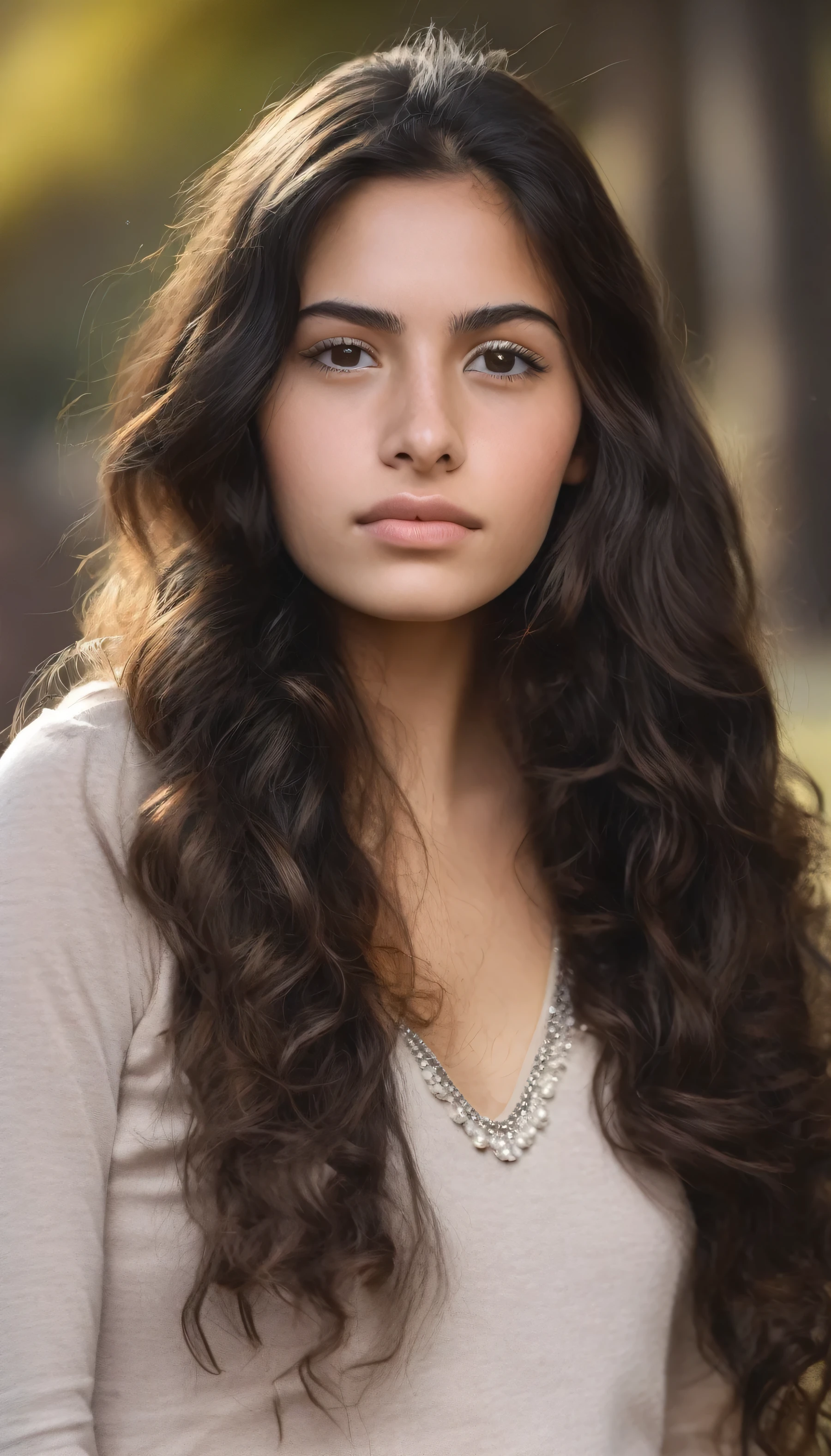 A photorealistic portrait of a 21-year-old colombian girl with long, flowing dark hair and striking dark eyes. She should have a natural, approachable expression and be illuminated by soft, golden-hour sunlight. The background should be a scenic outdoor setting, perhaps a sunlit park or beach. Capture this image with a high-resolution photograph using an 85mm lens for a flattering perspective.