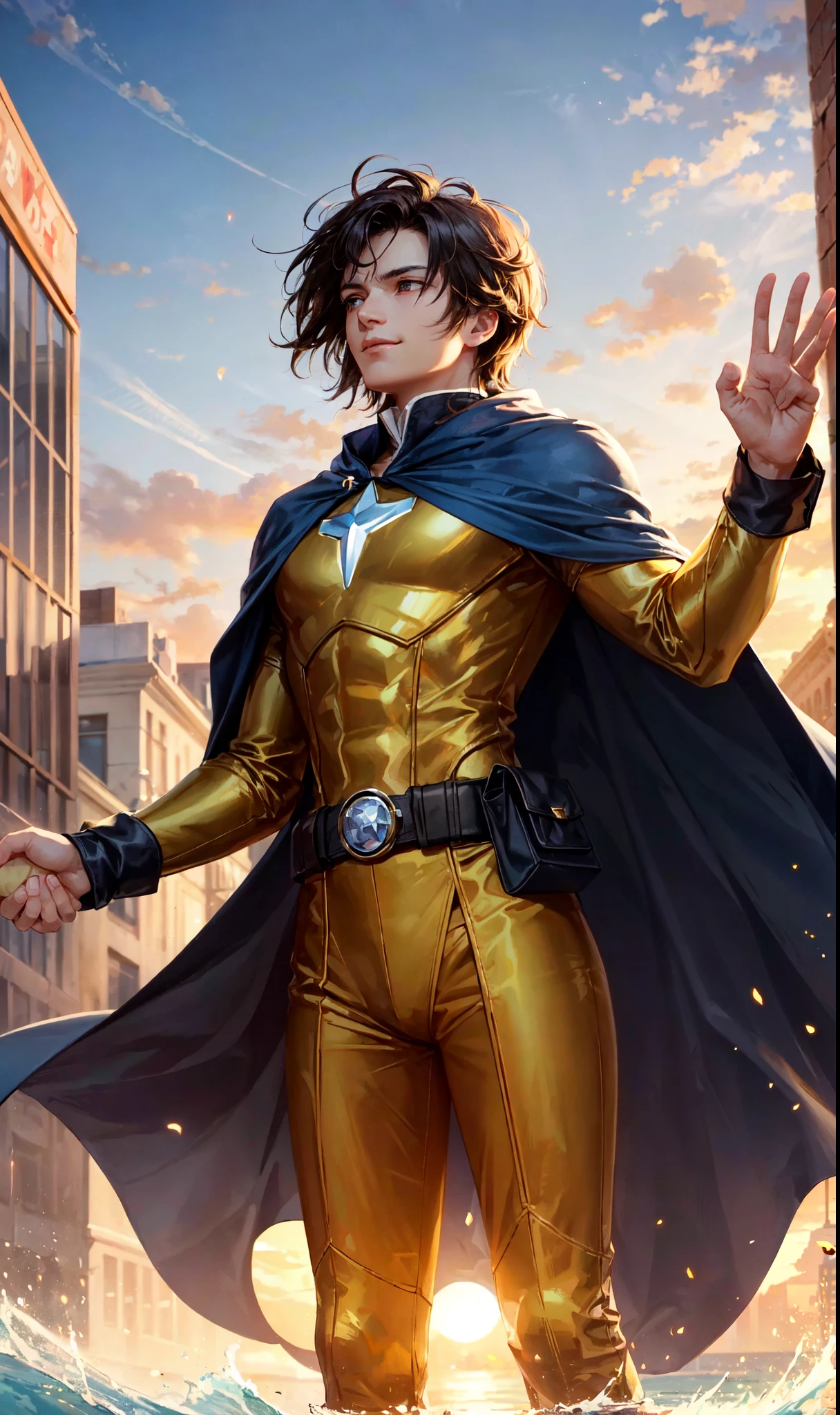 As the sun began to set, casting a warm golden glow over the city, a commotion erupted in the bustling square. People turned their heads and gasped in amazement as a figure descended from the sky, gracefully landing amidst the crowd. It was the city's beloved superhero, their symbol of hope and protection.
The superhero stood tall and proud, a beacon of strength and compassion. Their costume, a striking combination of grey, white, and gold elements, shimmered in the fading light. A flowing blue cape billowed behind them, adding to the dramatic effect of their arrival.
The hero's smile was infectious, radiating kindness and reassurance to everyone around. They moved with ease through the crowd, stopping to shake hands, offer words of encouragement, and even share a laugh or two. It was clear that this hero wasn't just a savior in times of crisis, but also a friend to the community.
The mood in the square was electric, filled with a sense of awe and gratitude. It was as if the hero's presence had brought a wave of optimism, washing away any lingering fears or doubts. For the people in the crowd, it was a reminder that no matter what challenges they faced, their hero would always be there to save the day.