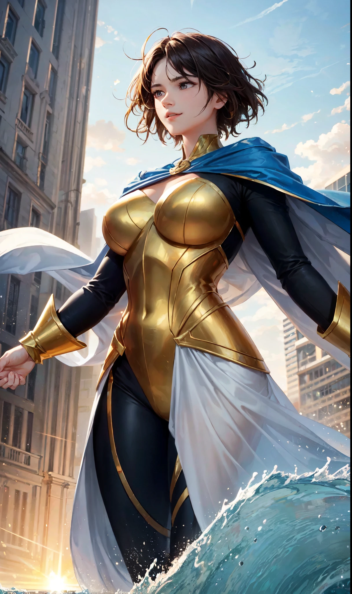 As the sun began to set, casting a warm golden glow over the city, a commotion erupted in the bustling square. People turned their heads and gasped in amazement as a figure descended from the sky, gracefully landing amidst the crowd. It was the city's beloved superhero, their symbol of hope and protection.

The superhero stood tall and proud, a beacon of strength and compassion. Their costume, a striking combination of grey, white, and gold elements, shimmered in the fading light. A flowing blue cape billowed behind them, adding to the dramatic effect of their arrival.

The hero's smile was infectious, radiating kindness and reassurance to everyone around. They moved with ease through the crowd, stopping to shake hands, offer words of encouragement, and even share a laugh or two. It was clear that this hero wasn't just a savior in times of crisis, but also a friend to the community.

The mood in the square was electric, filled with a sense of awe and gratitude. It was as if the hero's presence had brought a wave of optimism, washing away any lingering fears or doubts. For the people in the crowd, it was a reminder that no matter what challenges they faced, their hero would always be there to save the day.