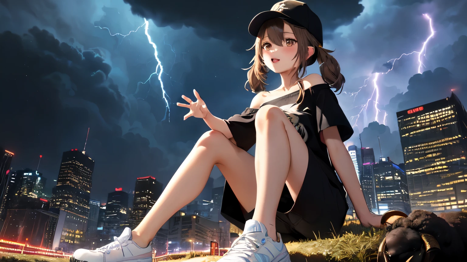 (Brilliant lightning and black thunderclouds:1.2),(A living thundercloud, a black sheep:1.6),(Dark Night:1.1), (Beautiful light production:1.2),(Beautiful skyscrapers:1.2), (Composition from below:1.2), 32K, (depth of sense:1.2), (radial composition:1.2), (dynamic angle:1.2), (dynamic posing:1.1),
(art drawing:1.1), (cinematic lighting:1.1), (SF:1.2),
BREAK
(absurdres absolutely resolution:1.2),
(street thunder god gyaru:1.2), (Black thundercloud sitting on a sheep:1.4),(full body:1.0), (oversized loose off shoulder T-shirts:1.3), (black baseball cap:1.2), ((brown:1.1) hair:1.2), (brown color short twintail hair:1.3), (blush, perfect, detailed exciting surprising face:1.3), (delicate face feature:1.1), (detailed perfect brown eyes:1.3), (largely bent mouth :1.2)