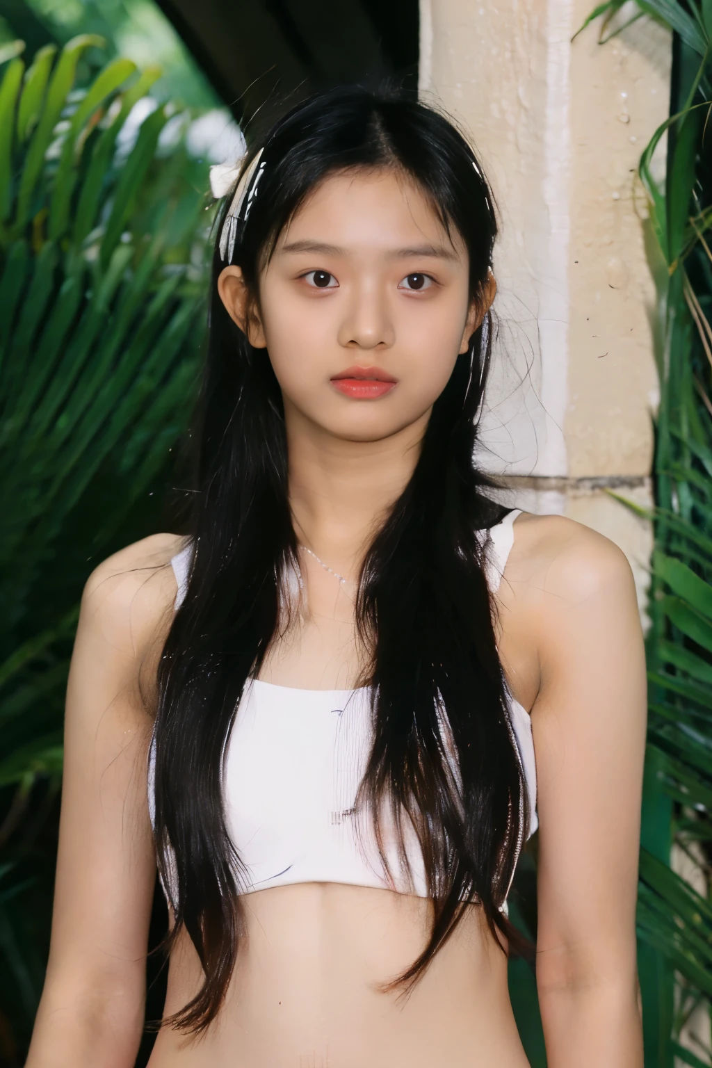 (small breast:1.4),(white bikini wearing), armpits show off, (Best quality,masterpiece,ultra high res,(photorealistic:1.4),1girl,(16 years old:1.8),(long hair:1.6)