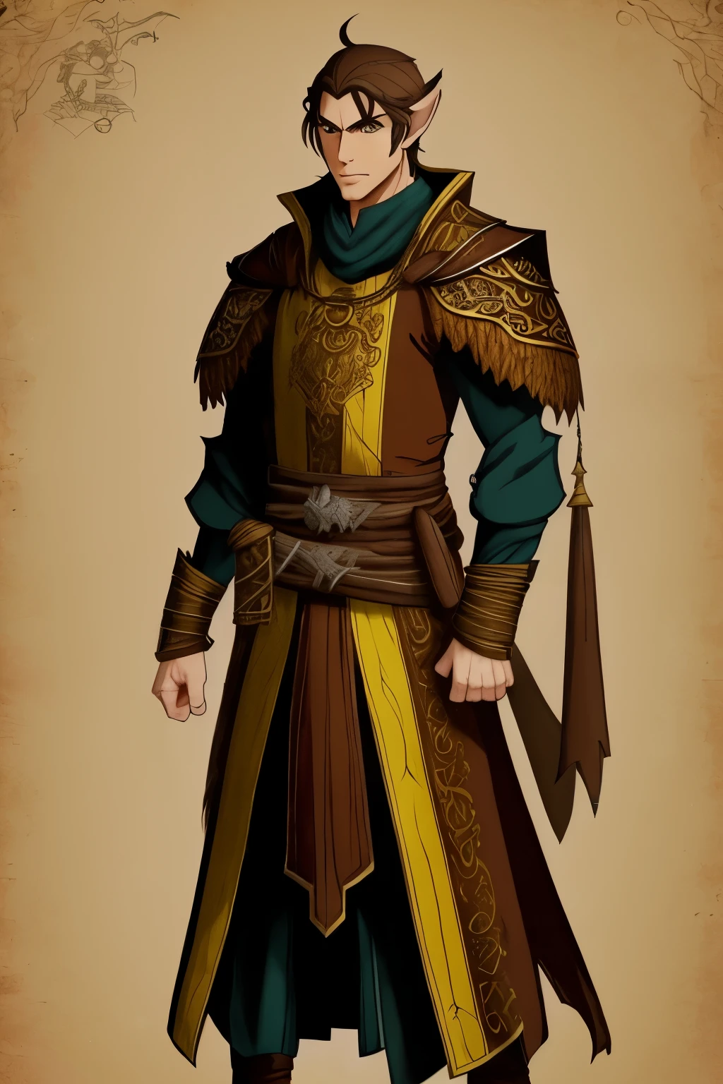 quero criar um personagdm para um rpg de mesa de Dungeons and dragons, He is a monk-class forest elf, He wears a unique garment from his monastery with a rank insignia on the chest, he is handsome and fit