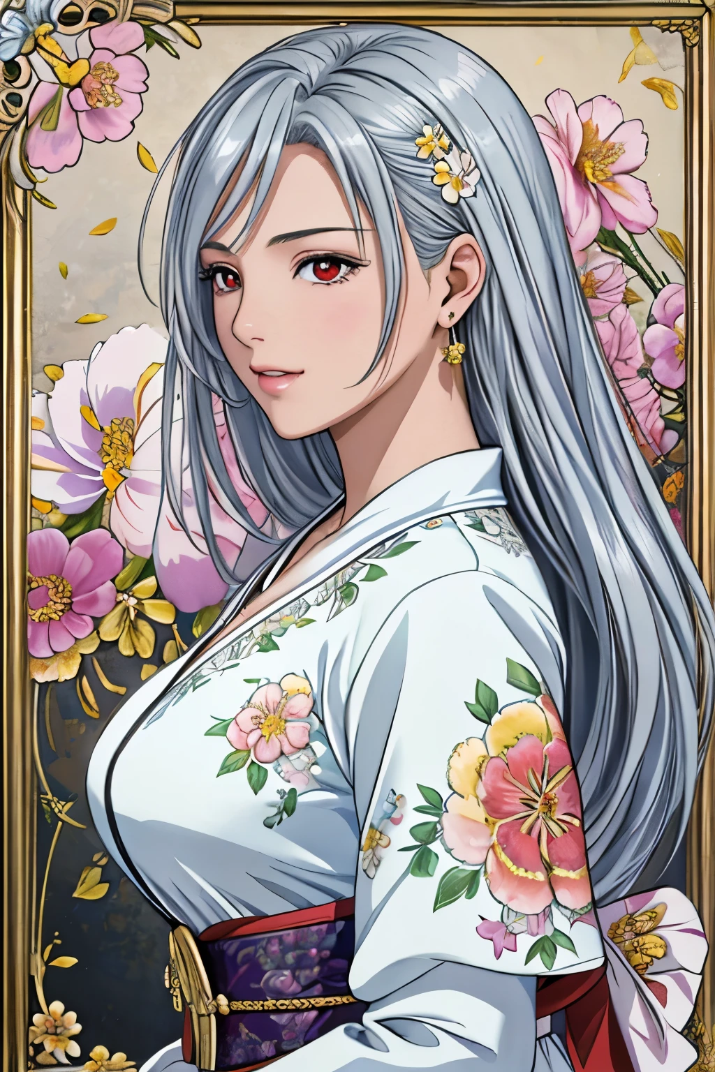 (​masterpiece, top-quality, top-quality, Official art, Beautifully Aesthetic:1.2), red eyes, (highest quality, masterpiece painting:1.3), immature woman, 16 years old, (half body shot), masterpiece, ultra high resolution, (((Flower frame, A lot of flowers in the frame, round frame, A beautiful girl fits into the frame))), Decorative panel, abstract art, (shot from a side angle), (Photoreal:1.0), ((light silver hair)),straight hair, beautiful shining hair, white and shining skin, Painterly, sketch, Texture, 超A high resolution, solo, Beautuful Women, A highly detailed, (Fractal Art:1.1), (colourfull:1.1), (florals:1.6), The most detailed, (Zentangle:1.2), (Dynamic Poses), (Abstract background:1.3), (shinny skin), (Many colors:0.8), (earrings:1.4), (pluma:0.9), Taisho romance