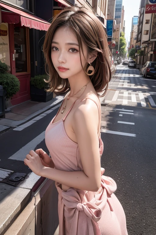 (masterpiece, highest quality, highest quality), ((Vibrant colors and patterns)),(((Perfect body)))(See-through gown),Geometric Camisole,Pink silk flared skirt,beautifully,Mysterious:1.2, (One Girl:1.3), Very detailed, Mature Woman,A kind smile, (Mouth closed), (highest qualityのmasterpiece:1.2) Delicate illustrations, Most detailed,Full body portrait, (Street background:1.3), (Shiny skin), (Many colors:1.4), ,(Earrings),((necklace))), sneakers:1.3,Walking,