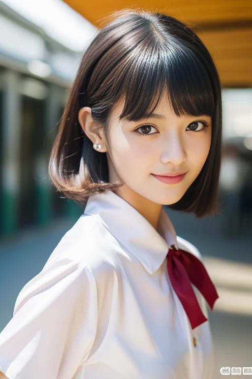 high quality, 1 girl, Full Body Shot, Young and beautiful Japan woman, Long Bob Hair, morning、Walking the streets with a smile, Gorgeous appearance, Wearing a short-sleeved white collared silk shirt and a plain shiny red satin bow tie, She is wearing a dark blue pleated long skirt, wearing white wireless headphones on his head, shoulder tote bag, Very cute face, Glossy Lips, Double eyelids on both eyes, Natural Makeup,Black Hair , Asymmetrical bangs, In the classroom, Portraiture, High resolution, Attention to detail, Detailed hairstyle, Detailed face, Great cinema lighting, Vibrant, Surreal, Perfect limbs, Perfect Anatomy