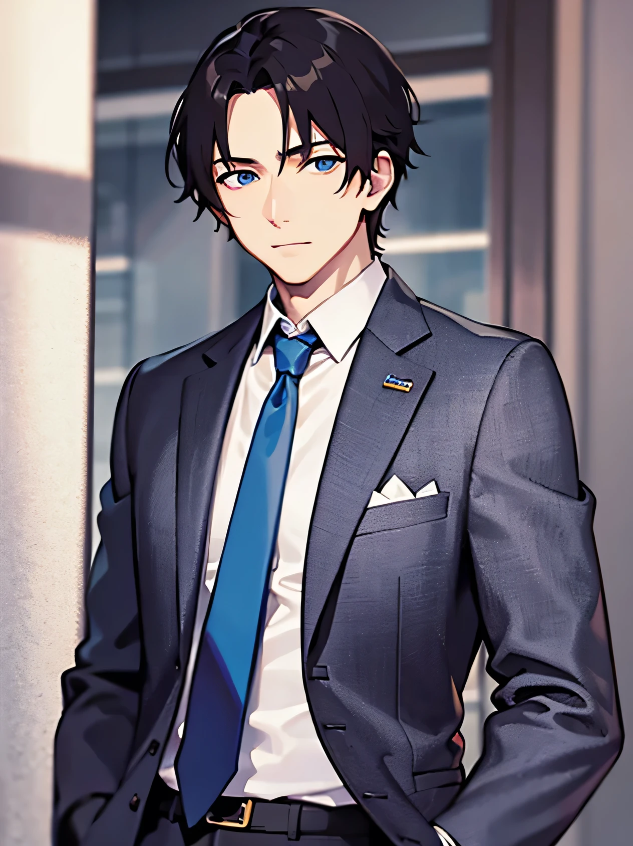 masterpiece、highest quality、(A 29-year-old man:1.5) and (Black short hair) and (blue eyes), (Wearing a suit:1.5) and (White collared shirt) and (Blue tie)、（Sorry look）and（１Staring at the dots）、whole body、one person