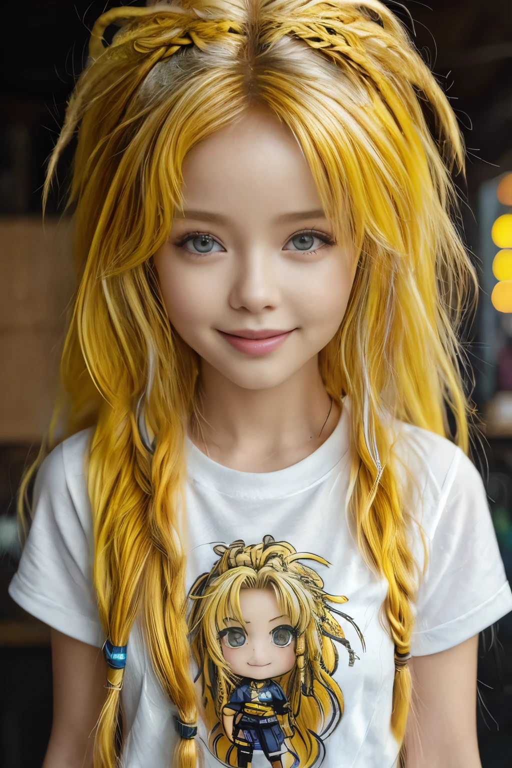 chibi style masterpiece,best quality,bellissima,1girl, solo, half body, yellow hair, dreadlocks, cute, adorable, bright colors, cheerful, highly detailed, smile