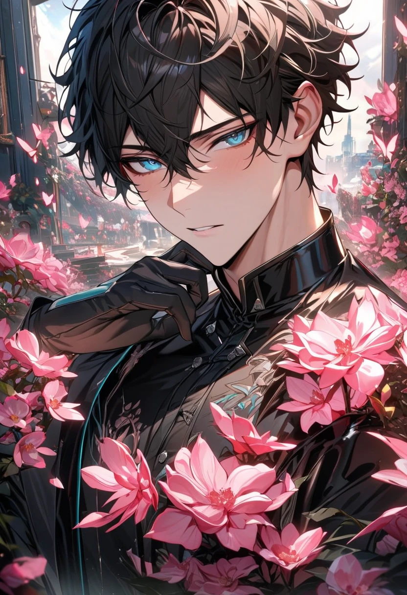 (absurdres, highres, ultra detailed, HDR) master piece, best quality, perfect face, Dan Heng, black hair, expressive blue eyes, solo, sexy man, handsome, black clothes, black gloves, glass pink flowers, glass pink petals, glass pink butterflies, glass garden, glass blossoms, everything made with glass
