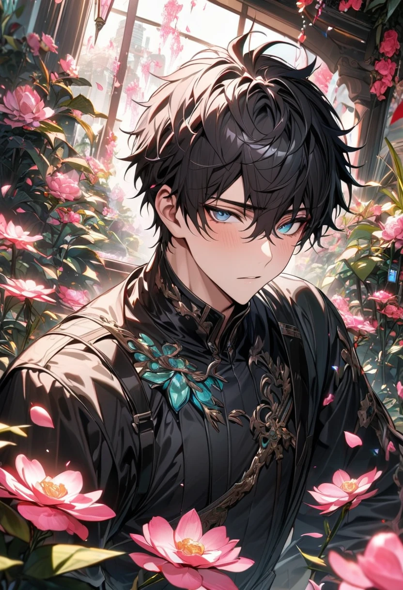 (absurdres, highres, ultra detailed, HDR) master piece, best quality, perfect face, Dan Heng, black hair, expressive blue eyes, solo, sexy man, handsome, black clothes, black gloves, glass pink flowers, glass pink petals, glass pink butterflies, glass garden, glass blossoms, everything made with glass
