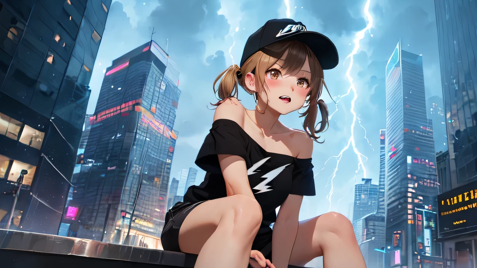 (Brilliant lightning and black thunderclouds:1.2),(Living thundercloud:1.3),(Dark Night:1.1), (Beautiful light production:1.2),(Beautiful skyscrapers:1.3), (Composition from below:1.2), 32K, (depth of sense:1.2), (radial composition:1.2), (dynamic angle:1.2), (dynamic posing:1.1),
(art drawing:1.1), (cinematic lighting:1.1), (SF:1.2),
BREAK
(absurdres absolutely resolution:1.2),
(street gyaru:1.2), (Sitting on a black thundercloud:1.4),(full body:1.1), (oversized loose off shoulder T-shirts:1.3), (black baseball cap:1.2), ((brown:1.1) hair:1.2), (brown color short twintail hair:1.3), (blush, perfect, detailed exciting surprising face:1.3), (delicate face feature:1.1), (detailed perfect brown eyes:1.3), (largely bent mouth :1.2)