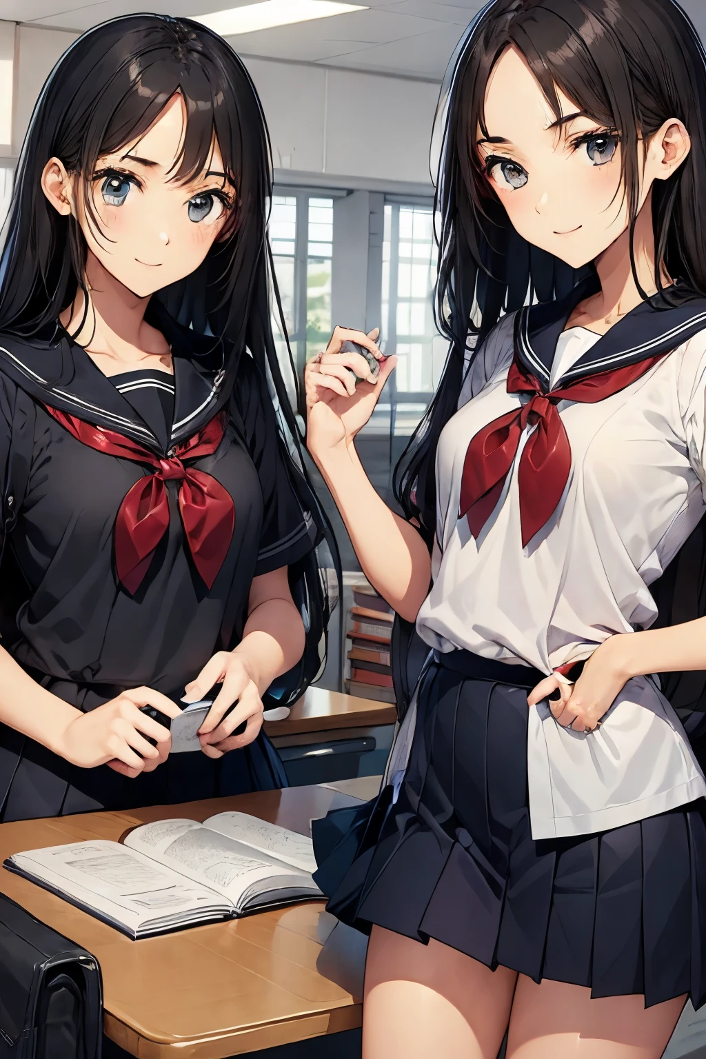 School Library、Two high school girls reading books at their desks、smile、