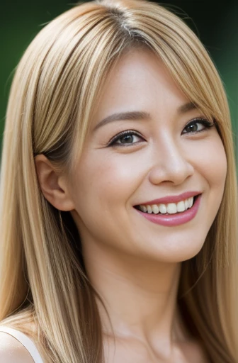 Masseter Film, highest quality, masterpiece, High resolution, realism, Original photo, 8k wallpaper, perfection, Professional Lighting, Very detailed, Written boundary depth, ((Beautiful woman)), ((Sexy 40 year old women)),,  ((smile)), Detailed face, Beautiful Eyes,, bangs, , (sexy look), (Thick lips), A photo of your face,Blonde long hair