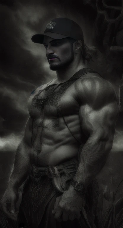 Incitar: Um homem com lobos, depicted in the style of Gothic art. The scene is dark and mystical, mostrando um homem cercado por lobos, captured in gothic style with dark tones and dramatic lighting. The composition should create a mysterious atmosphere, com elementos como uma floresta enluarada, ancient ruins, or mystical symbols, enhancing the gothic feel and emphasizing the connection between man and wolves.