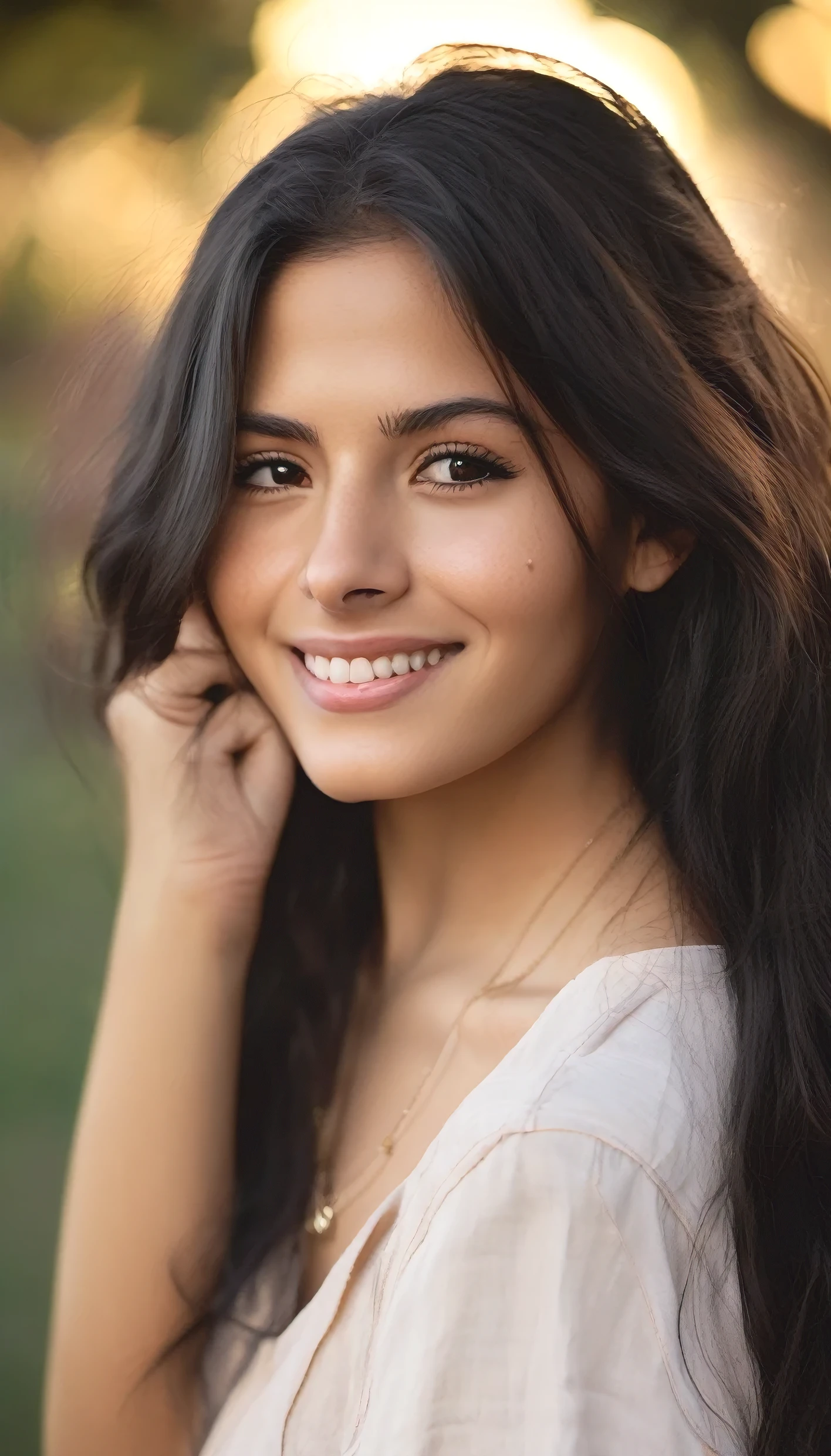 A photorealistic portrait of a 21-year-old colombian girl with long, flowing dark hair and striking dark eyes. She should have a natural, approachable expression and be illuminated by soft, golden-hour sunlight. The background should be a scenic outdoor setting, perhaps a sunlit park or beach. Capture this image with a high-resolution photograph using an 85mm lens for a flattering perspective.