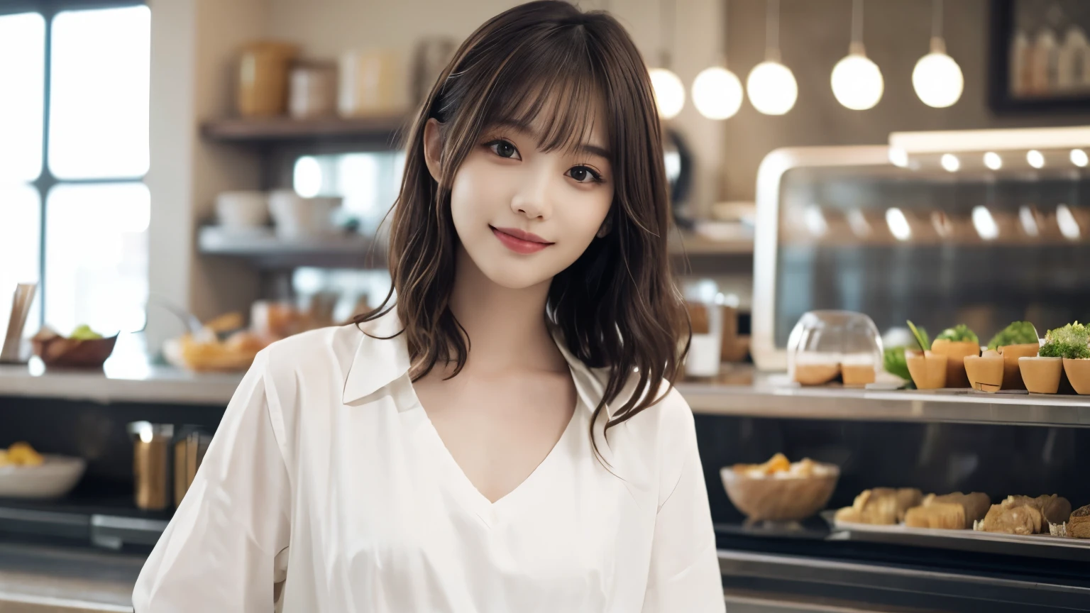 super high quality, Short Hair, Slender, Gravure photoshoot, The staff is working at the counter in the back., (8k、RAW Photos、highest quality、masterpiece:1.2), Japanese Idol, The cafe is crowded with people enjoying themselves., (Realistic、Photorealistic:1.37), Mesh Hair, Urban Cafe, Golden Ratio, Raw photo, Cute face , Light Brown Hair, Small breasts, Blurred Background, Spring Clothes, Curly Hair, Well-designed furniture, Beautiful hairstyle, White Shirt, Spoiled, Cafe Terrace, Open Cafe, 20-year-old, A kind smile, Hair blowing in the wind, Neat clothes, Long Hair,
