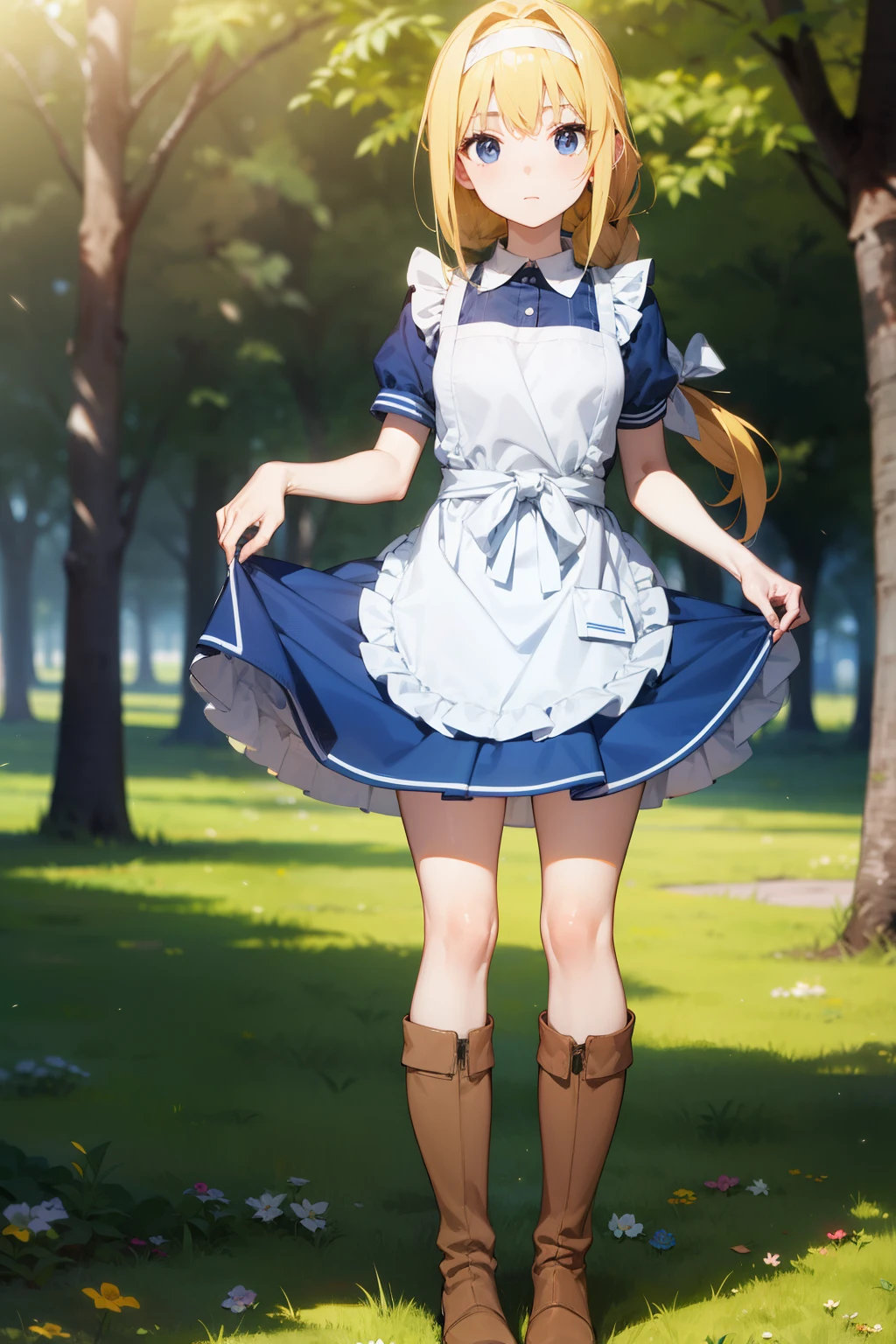 Alicesburg, Alice Zuberg, bangs, blue eyes, Blonde, Hair between the eyes, Very long hair, Braiding, hair band, white hair band,,
break dress, bow, ribbon, Short sleeve, Frills, apron, puffy Short sleeve, Blue clothes, Brown footwear, Knee Boots, white bow, white apron, frilled apron,
break outside, forest, nature, sun, null,
break looking at viewer, 
break  , masterpiece ,8k unity wallpaper,anime key visual,highest quality, High resolution, unity 8k wallpaper, (shape:0.8),anime coloring,highly detailed face, detailed eyes,growing eyes,shiny skin,fine skin,white skin,dense skin,detailed hair,highly detailed legs,perfect lighting, Detailed CG, (perfect hands, perfect anatomy),High resolution,(Detailed wear ),slender limbs, delicate curves, dainty hands,figure:0.8,white lace panties,