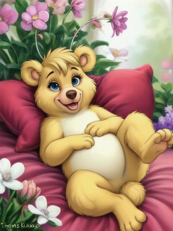 (by thomas kinkaid:1.2), solo, (butterbear), female, full body, (eyelashes:1.3), suggestive, seductive, white flower antennae_(anatomy), insect_wings, short stack, paws, furry, fluffy, (detailed fur, yellow white fur, thick fur:1.2), happy, looking at viewer, bedroom eyes, (three toes:1.3), laying on back, feet showing, legs up, 
 masterpiece, best quality, 8k, hi res, realistic, meadow, flowers, garden, trellis, full-body, butterbear, antennae_(anatomy), insect_wings, (blue eyes), short round tail, yellow fur, cute, adorable, beautiful, eyelashes, fluffy fur, fur tufts, short legs, short arms, pretty, seductive, slight smile, mouth open, loving, soft eyes, half-lidded eyes, looking at viewer, laying on back, feet sticking up, 3 toes, big feet, tongue hanging out, (flustered:1.2), masterpiece, best quality, realistic, seductive pose, on an elegant bed, elegant pillows, elegant bedroom, hearts, romantic lighting, by thomas kinkade, 