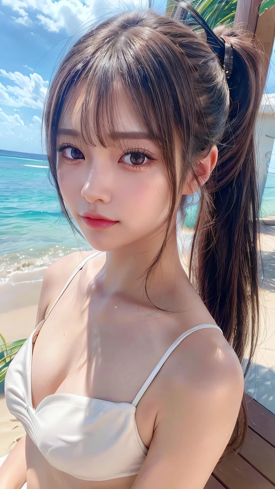 Beach,resort,Sexy White Bikini,Close-up of face,Blushing,Facing forward,Close-up of face,Small breasts,,Long hair ponytail,((8K, Raw photo, Best Quality, Mastepiece:1.2), (Realism, Photorealistic:1.4), (Highly detailed 8K wallpapers), Depth of written boundary, Cinematic Lighting, Soft Light, Detailed Beauty Eye,Shiny and smooth light brown ponytail, Asymmetrical bangs, Shiny skin, Ultra-detailed skins ,It is high resolution., High detail, Detailed hairstyle, Detailed facial beauty, Hyper-realistic, Perfect limbs, Perfect Anatomy ,1 Japanese girl,Famous Japanese Idols, Perfect female body,A shy smile,Short eyelashes,Double-edged eyelids,Look straight here,Hair style: ponytail,Close-up of face