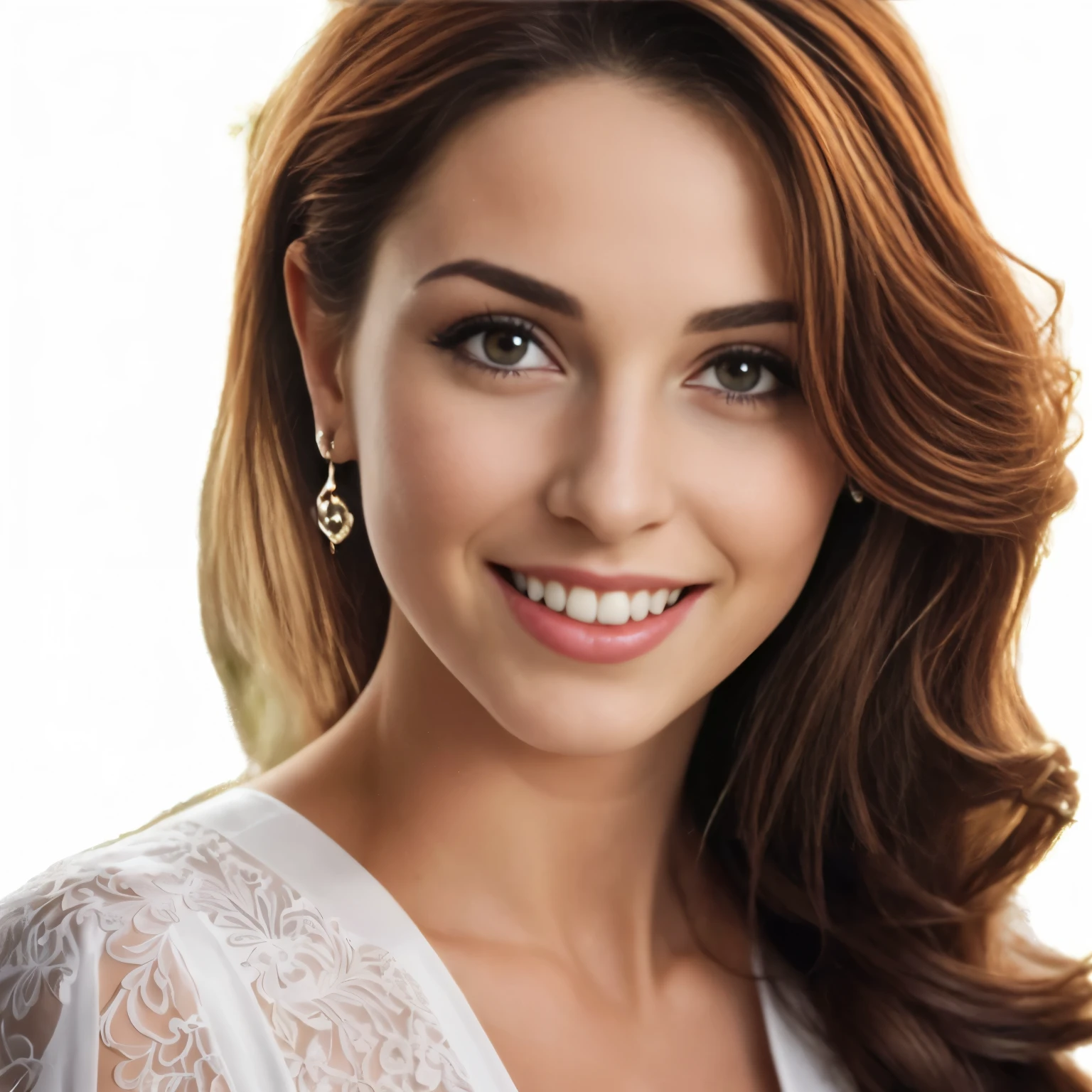 Smiling woman, With long brown hair, Wearing a white dress and earrings, Attractive woman de cabelo castanho, Woman with beautiful face, Beautiful and smiling, Beautiful face and perfect skin, Attractive woman, foto de uma Beautiful woman, Smiling young man, Beautiful portrait images, Beautiful young woman, Beautiful and attractive face, Beautiful Elegant Attractive, Attractive womanの顔, Graceful smile pose, Beautiful woman