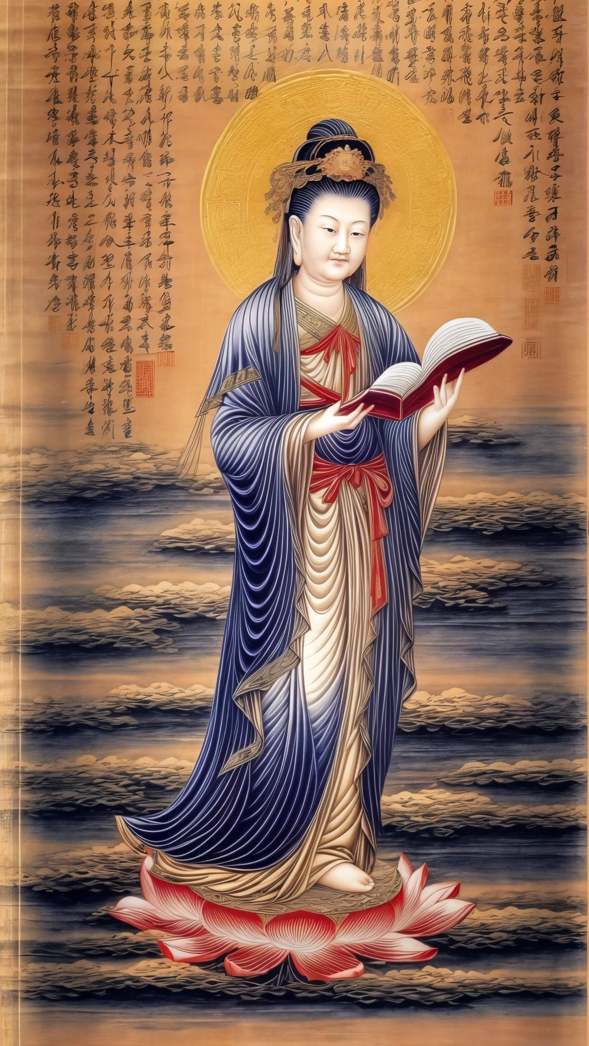 ((best quality)), ((masterpiece)),
((guanyin,1girl)),((chinese text,  text focus,wall of text)),water and cloud, lotus,full moon,hanfu,dress,chinese clothes,