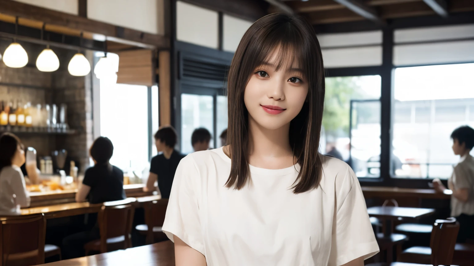 super high quality, Short Hair, Slender, Gravure photoshoot, The staff is working at the counter in the back., (8k、RAW Photos、highest quality、masterpiece:1.2), Japanese Idol, The cafe is crowded with people enjoying themselves., (Realistic、Photorealistic:1.37), Mesh Hair, Urban Cafe, Golden Ratio, Raw photo, Cute face , Light Brown Hair, Small breasts, Blurred Background, Spring Clothes, Curly Hair, Well-designed furniture, Beautiful hairstyle, White Shirt, Spoiled, Cafe Terrace, Open Cafe, 20-year-old, A kind smile, Hair blowing in the wind, Neat clothes, Long Hair, 
