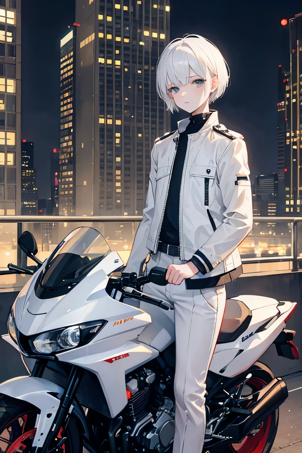 white hair, short hair, short bob, beautiful boy, , white large motorbike, night cityscape background, best quality, high-rise buildings