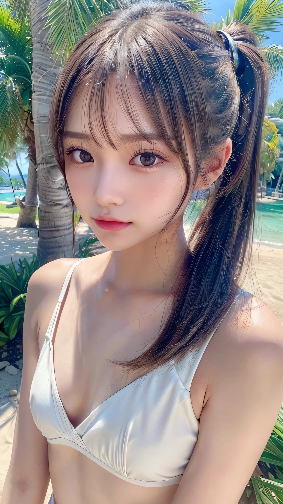 Beach,resort,Sexy White Bikini,Close-up of face,Blushing,Facing forward,Close-up of face,Small breasts,,Long hair ponytail,((8K, Raw photo, Best Quality, Mastepiece:1.2), (Realism, Photorealistic:1.4), (Highly detailed 8K wallpapers), Depth of written boundary, Cinematic Lighting, Soft Light, Detailed Beauty Eye,Shiny and smooth light brown ponytail, Asymmetrical bangs, Shiny skin, Ultra-detailed skins ,It is high resolution., High detail, Detailed hairstyle, Detailed facial beauty, Hyper-realistic, Perfect limbs, Perfect Anatomy ,1 Japanese girl,Famous Japanese Idols, Perfect female body,A shy smile,Short eyelashes,Double-edged eyelids,Look straight here,Hair style: ponytail,Close-up of face