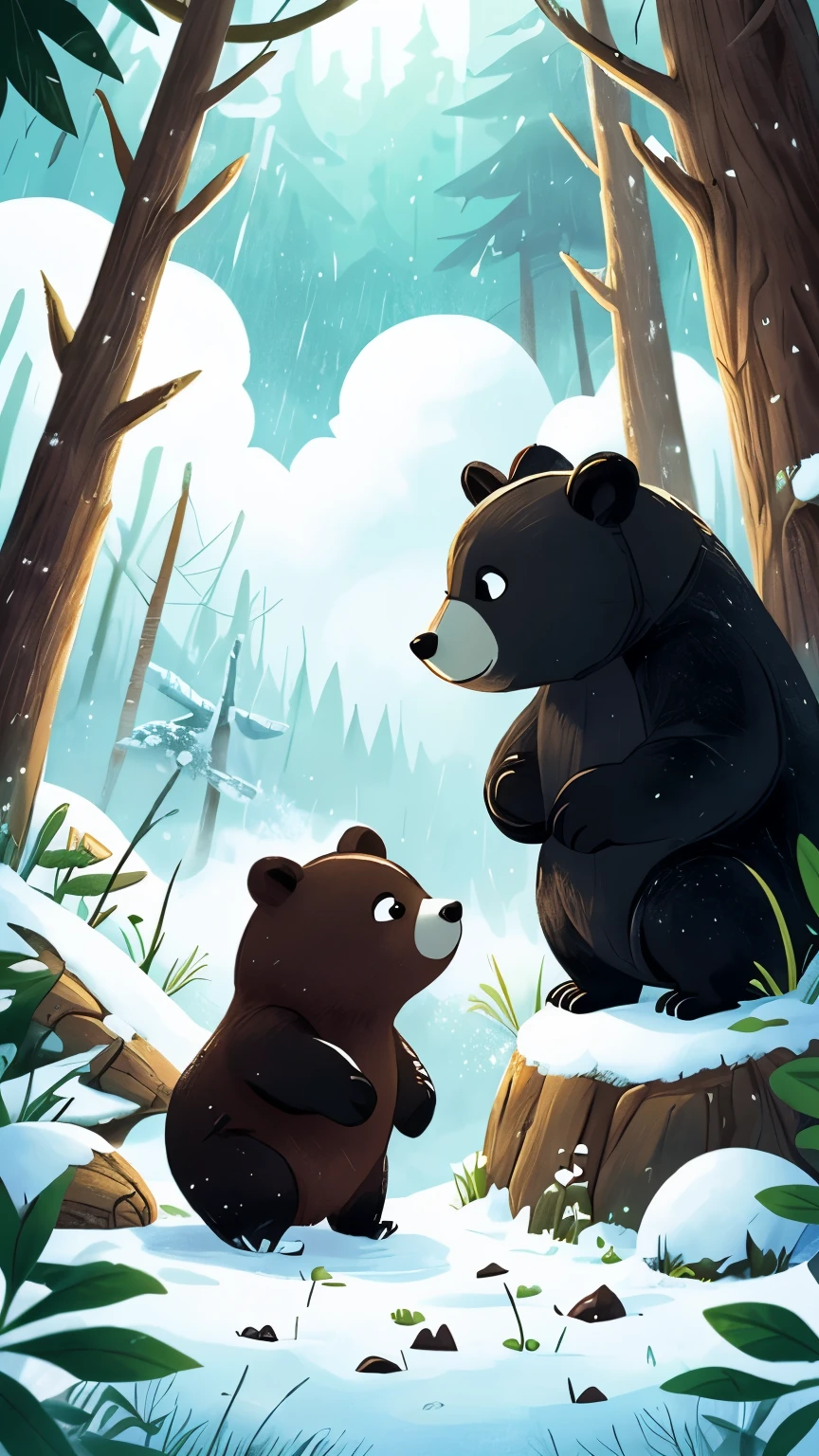 Once upon a time in a magical forest, two little bears, uno blanco como la nieve (one white as the snow) and otro ????? como la noche (the other black as the night), lived in harmony. They spent their days frolicking and discovering the wonders of their mystical home. Yet, one fateful day, during a sudden storm, they were separated. The little white bear was engulfed by the snowy expanse, while the little black bear ventured deeper into the forest's enigmatic darkness. Though frightened, they both held onto their hope of reuniting.

As the storm subsided, the little white bear encountered a wise old owl that guided him through
