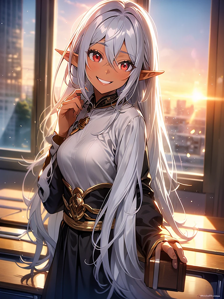 An elf woman, very black and tanned skin, beautiful silver hair, pointed ears, beautiful red eyes, high , school classroom, whiteboard, window, evening, sunset, upper body description, dear smile , lips open, close-up, 8K,