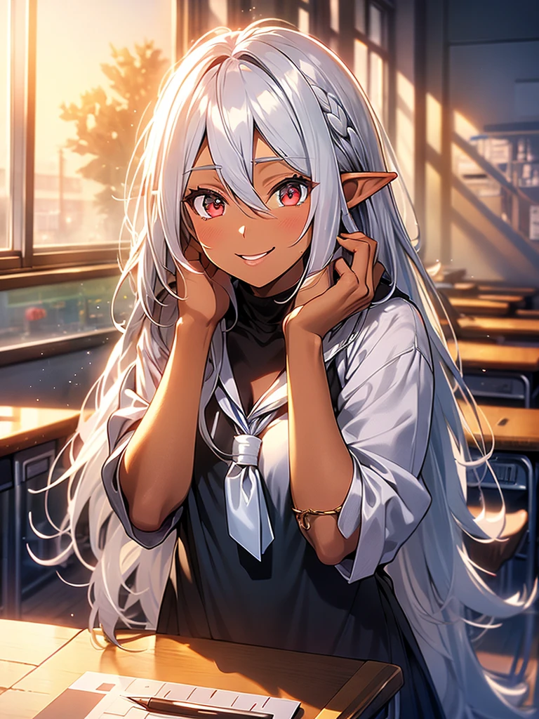 An elf woman, very black and tanned skin, beautiful silver hair, pointed ears, beautiful red eyes, high , school classroom, whiteboard, window, evening, sunset, upper body description, dear smile , lips open, close-up, 8K,