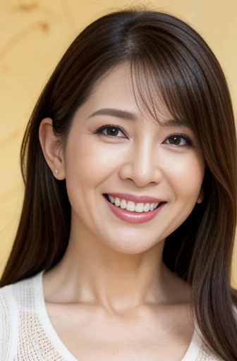 Masseter Film, highest quality, masterpiece, High resolution, realism, Original photo, 8k wallpaper, perfection, Professional Lighting, Very detailed, Written boundary depth, ((Beautiful woman)), ((sexy 45 year old woman)),,  ((smile)), Detailed face, Beautiful Eyes,, bangs, , (sexy look), (Thick lips), A photo of your face,Blonde long hair