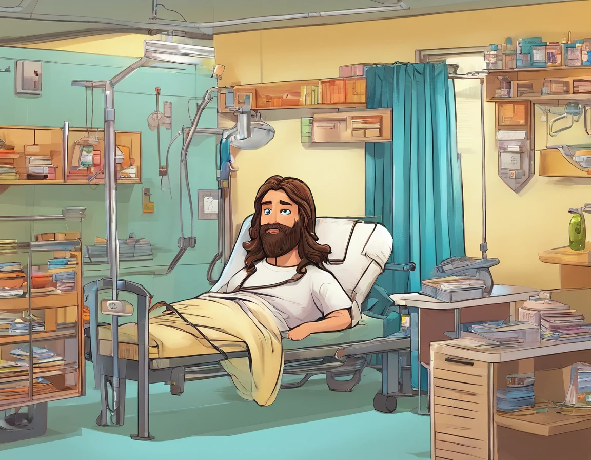 Jesus, estilo cartoon 3d imagen vectorial en una sala de hospital al lado de un enfermo acostado y con cara bella dulce y tierno sanandolo