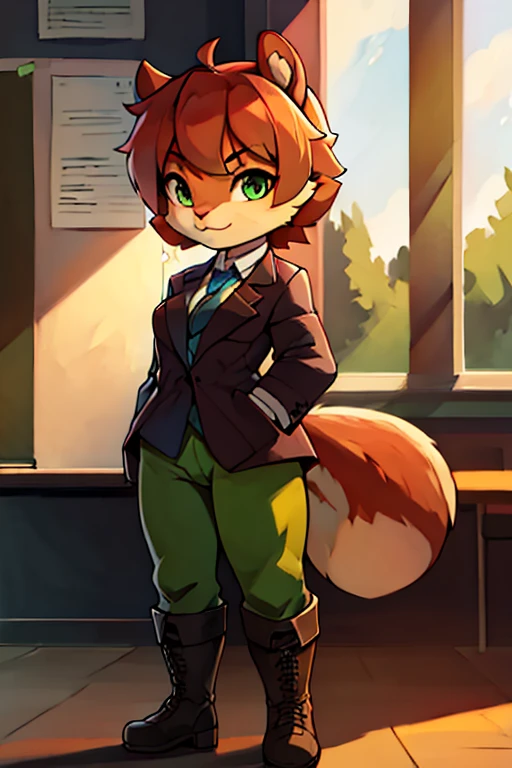 boy, squirrel, furry, bodyfur, blazer, bottomless, green tights, gloves, boots, school, school bag, bulge