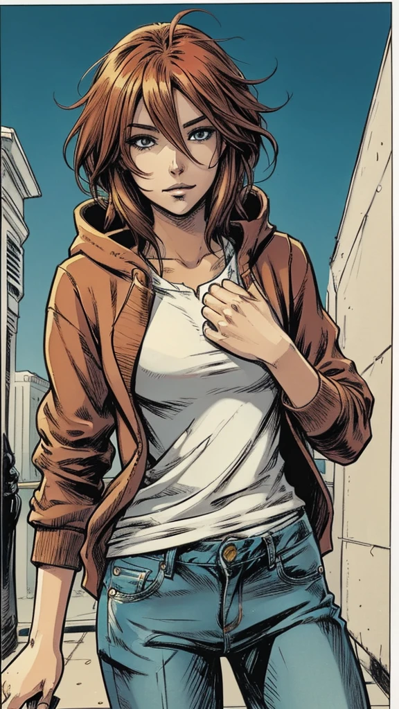 An anime comics woman head with colored hair, jeans, hoodie, says hello, greet