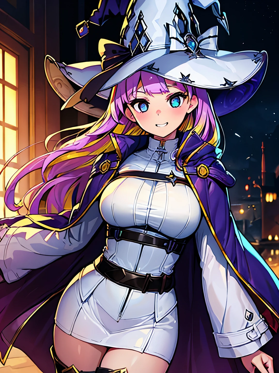 (8k, highest quality, masterpiece:1.2),High quality CG Unity 8k Large file size,Very detailed,High resolution,Beautiful Eyes,Ray Tracing,Dramatic Shadows,finely,Hyper Detail,(1 girl), Two-dimensional woman、


diabellze, blue eyes, (blonde hair, purple hair, multicolored hair), witch hat, white coat, white bodysuit, multiple belts, 
thigh boots, 
blush, grin, 
night, light, 
skirt, 