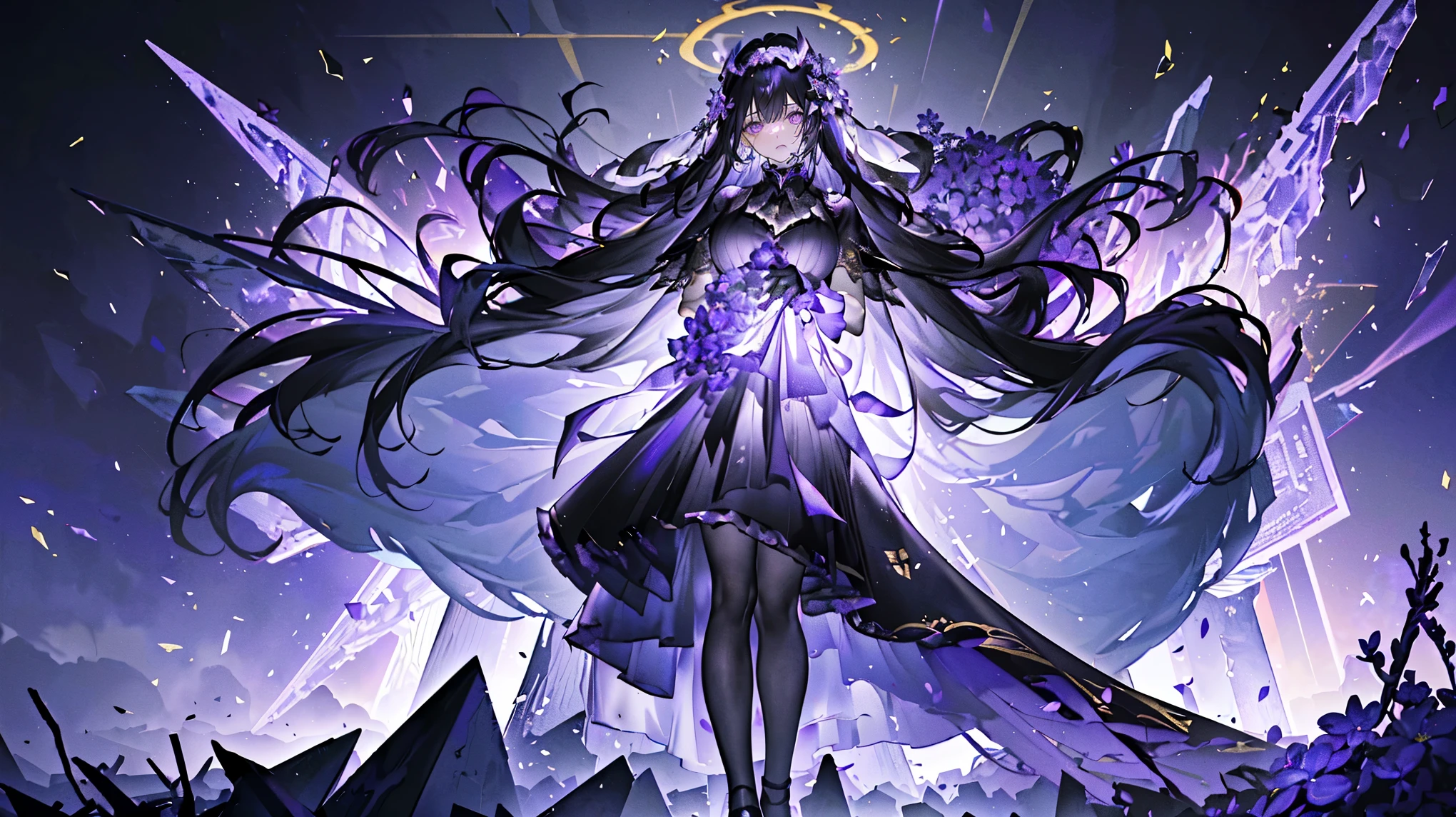 (Super detailed)),((illustration))，((masterpiece)),(((need))),((Beautifully、最高品质 CG Unity 8K 壁纸masterpiece），（（4k，masterpiece，best quality）），Woman with purple black hair，Mature，Playful eyes，Black and gold ruffled long tulle skirt，Dress appropriately，Wrapped in bandages，Lilac veil，Black and gold embellishment，Dim light，Hold the Pharaoh's scepter，Coercion，A huge pyramid emitting a dim purple light，Halo，Big Breasts，Holding a three-dimensional triangle in hand，Abstract symbol floating in the air，Black Hole Black Silk，Black high heels，in the museum，There are many items with unique shapes，Standing in a huge coffin，There are a lot of coffins around，mummy，Holding a bunch of purple flowers in hands，A sea of purple flowers，Black and gold stripes，Melting statue，Full body close-up perspective