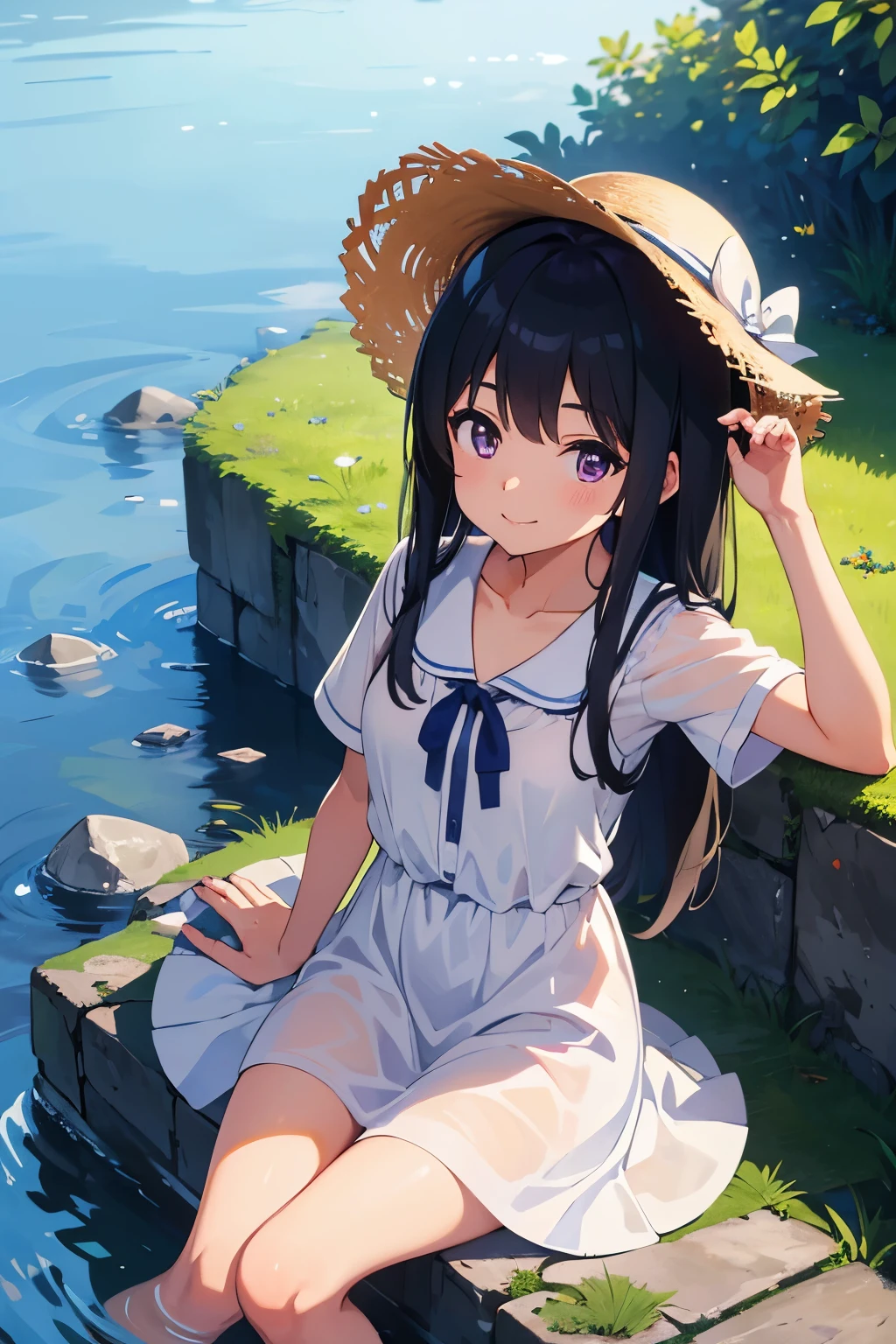 8--old ck Hair　long hair　Straw hat　Purple Eyes　smile　1 person　White Summer Dress　White panties and sandals　Country road　Dynamic Angle　Low - Angle