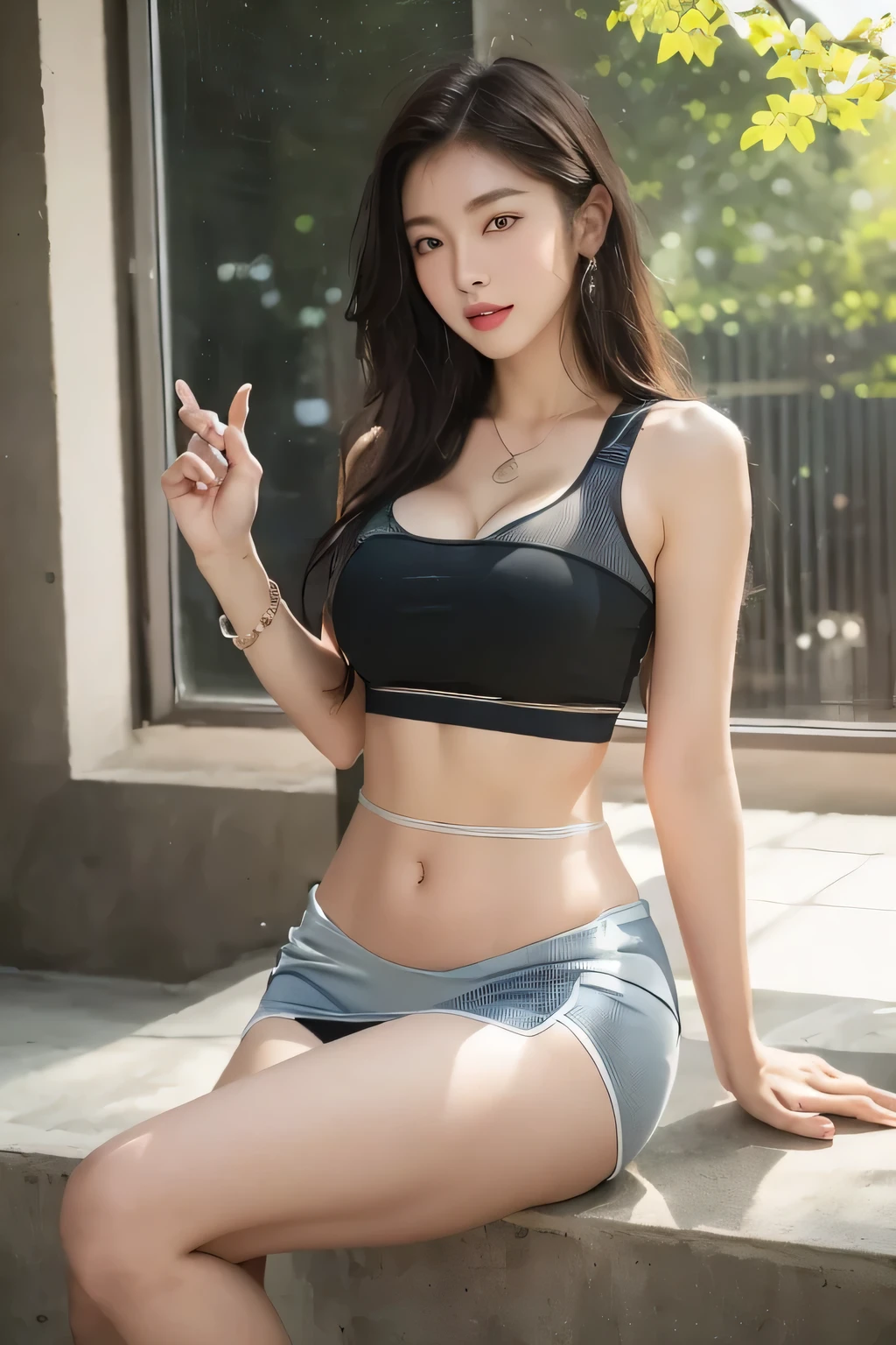 (((Best Quality, 8K, Masterpiece: 1.3,)), high-definition facial features, delicate facial feature, 1girl, Slim Abs Beauty: 1.3, ((long hair, Big Breasts: 1.3)), ((((wearing black sports bra)))), Fine Face, (((Delicate Eyes))), Double Eyelids, Smile, looking at the viewer, (full body 1.5), (((park))), ((((natural background)))), (((standing)))