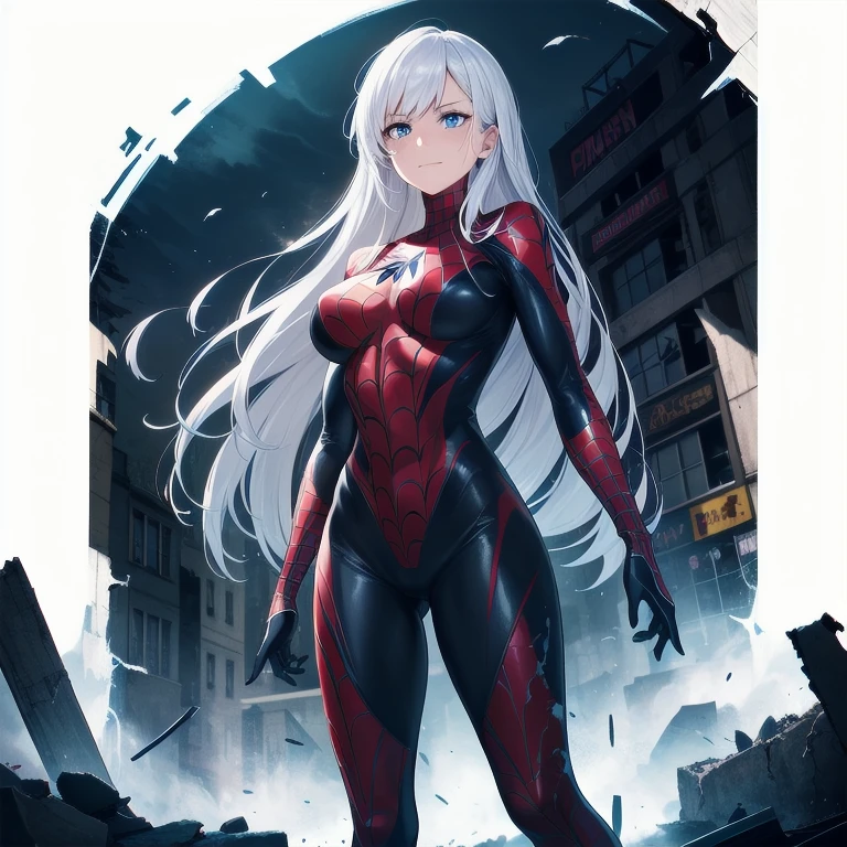 1girl,big breasts,standing in ruined city,(8k),scratches,detailed face,white hair,navy blue eyes,long hair,embarassed,small smile face,high_res, high_definition,the battlefield,Heroic pose,dark suit,(symbiote spider man Custome:1.1),