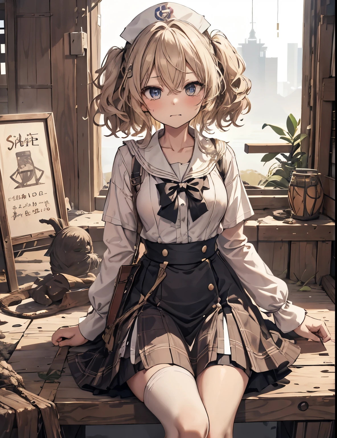 masterpiece, 1girl, sparrow, a blonde haired girl, wearing a sailor clothes, curly short hair, messy hair, slim body, he close her left eye, shirt ornament, ruby eyes, ahoge, baby face, bige breast, beautiful breasts, rounded breasts, long sleeves, beautiful eyes, white stocking, droopy eyes, skirt, black skirt, plaid skirt, her age is 19 years old, ricefield, bowtie, sailor collar, flared skirt, tight shirt, skirt, nagisa_bluearchive, angry face, medium hair, angry face, curly hair, nurse cap, sit 