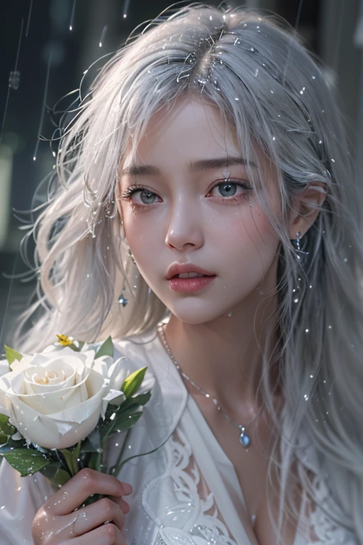 (masterpiece:1.3), (8k, Photorealistic, Raw photo, Best image quality: 1.4), Fair-skinned fairy woman、Long Haircut、Cleavage:2.0、Super detailed face、Attention to detail、double eyelid、Put your chest together、Sharp focus:1.2、Beautiful woman:1.4、Silvery white hair、highest quality、masterpiece、超A high resolution、(Photorealistic:1.4)、Highly detailed and professionally lit smile、Loose, light, Shoulder out、thin、Serious expression、Short-haired、Deadly position, gorgeous accessories, one person (RAW shooting, Photoreal:1.5, 8K, highest quality, masterpiece, ultra high resolution), (((heavy snow))), perfect dynamic composition:1.2, (In front of a city building at night in a modern city, expression of sadness:0.9, Tears are flowing:0.9, cry with a broken heart:0.9), Highly detailed skin and facial textures:1.2, Slim office lady wet in the rain:1.3,  Fair skin:1.2, sexy beauty:1.1, perfect style:1.2, beautiful and aesthetic:1.1, very beautiful face:1.2, water droplets on the skin, (rain drips all over my body:1.2, wet body:1.2, wet hair:1.3), (Holding a wet bouquet:1.2, Wearing a wet white blouse correctly:1.35), (Medium chest, Bra is transparent, Chest gap),  (Eyes that feel beautiful eros:1.0), (Too erotic:0.9, Bewitching:0.9), necklace, earrings, bracelet