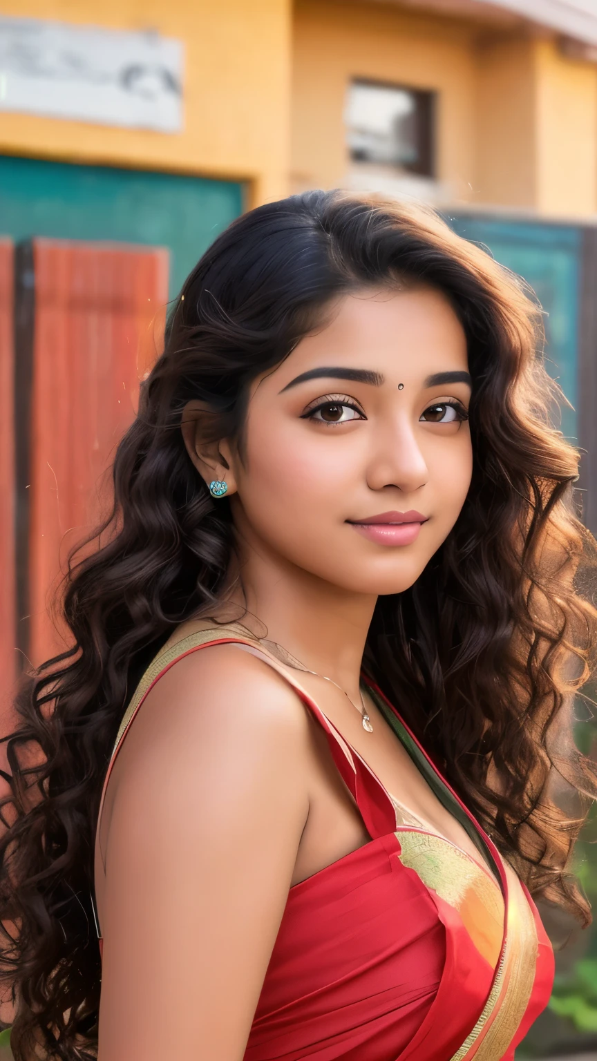 Outdoor image of 21yo  in school school photo in school masterpiece, (photorealistic:1.7), best quality, beautiful lighting, Eleanor Latino Woman 20 years Old ,  high Bun long extreme curly hair Lifts ,wearing Indian saree. Round face, closeup view , medium round breast 