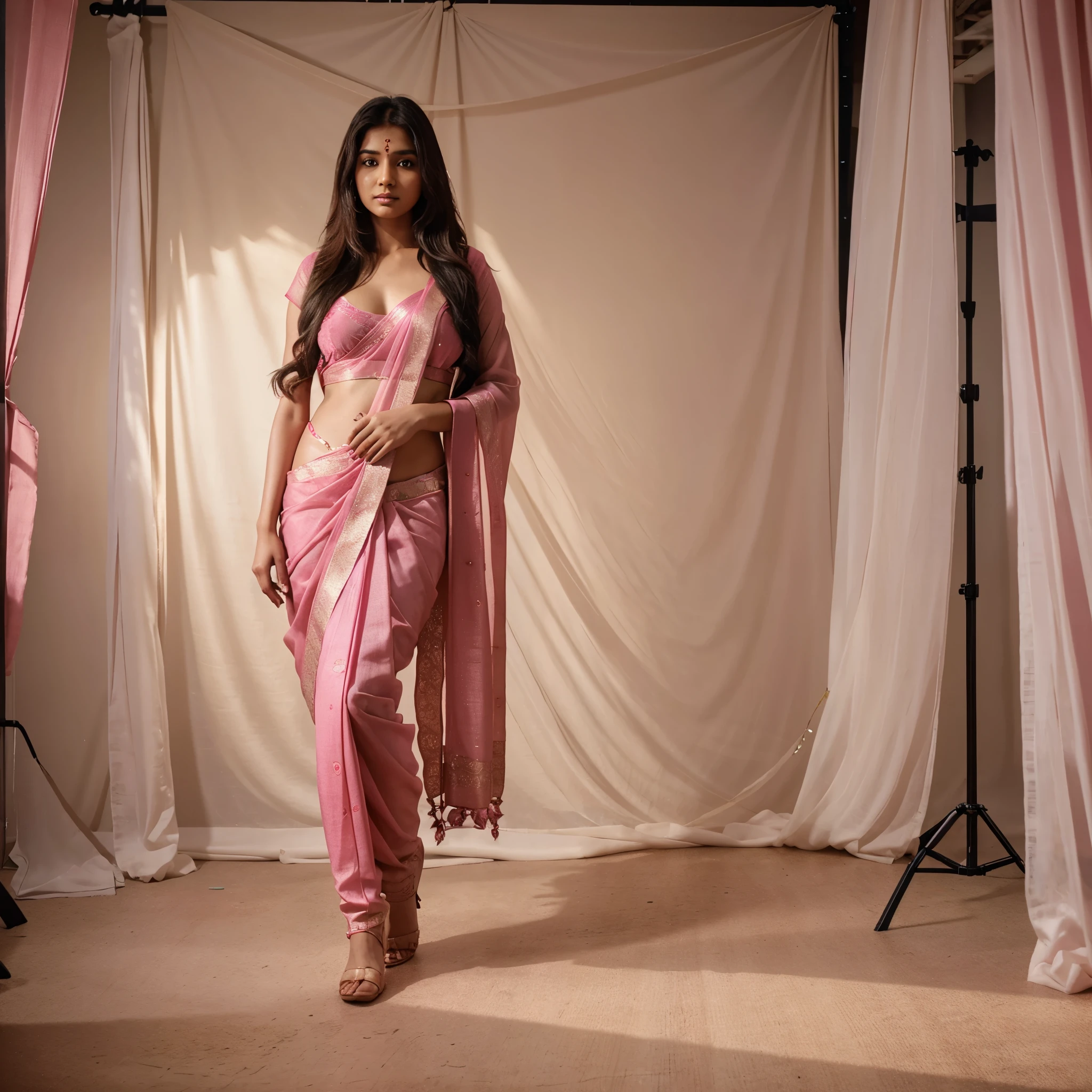 indian saree girl ,long hair ,front face,pink saree,full body, SFW, solo, in a photo studio, 8k, uhd,