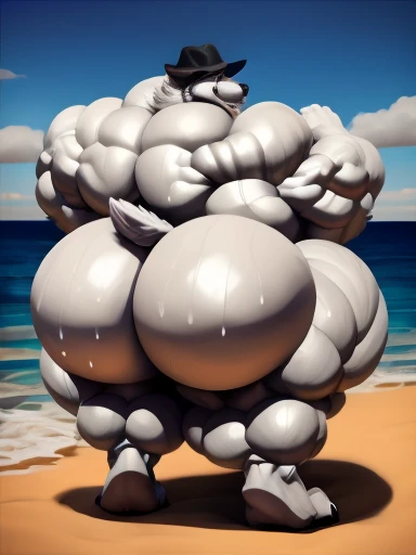 4K, high resolution, best quality, perfect lightning, perfect, Solitary, anthropology, young, Boys,White Wolf:2.0, Hairy body, (Fluffy mane:1.2), Fluffy tail, male, aldult, (Bulky 2:0, Thick muscle 2:0, Huge muscles:2.0, muscular:2.0), (Thick biceps, Veinous biceps, Broad shoulders:2.0), (Thick Legs, Thick calves:1.1), (Digitized foot, 4 Toes:1.2), perfect colors, (Realistic hair, Detailed fur, epic, masterpiece), (Suggestive pose:1.2), (seductive smile, smile 1.3), Beach detail:2.0,Detailed wolf eye:2.0, From k0suna, through dark gems,Superweapon:2.0,vein,White body,White fur,hyperass:2.0,Super strong claws:2.0,permanent,Thick Legs,thick ass:2.0,Sweaty body:2.0,Huge ass:2.0,Black Hat,hyperass:2.0,Huge ass:2.0,Present the ass:1.2,Long legs,Juicy ass:2.0,hyperass,fat ass