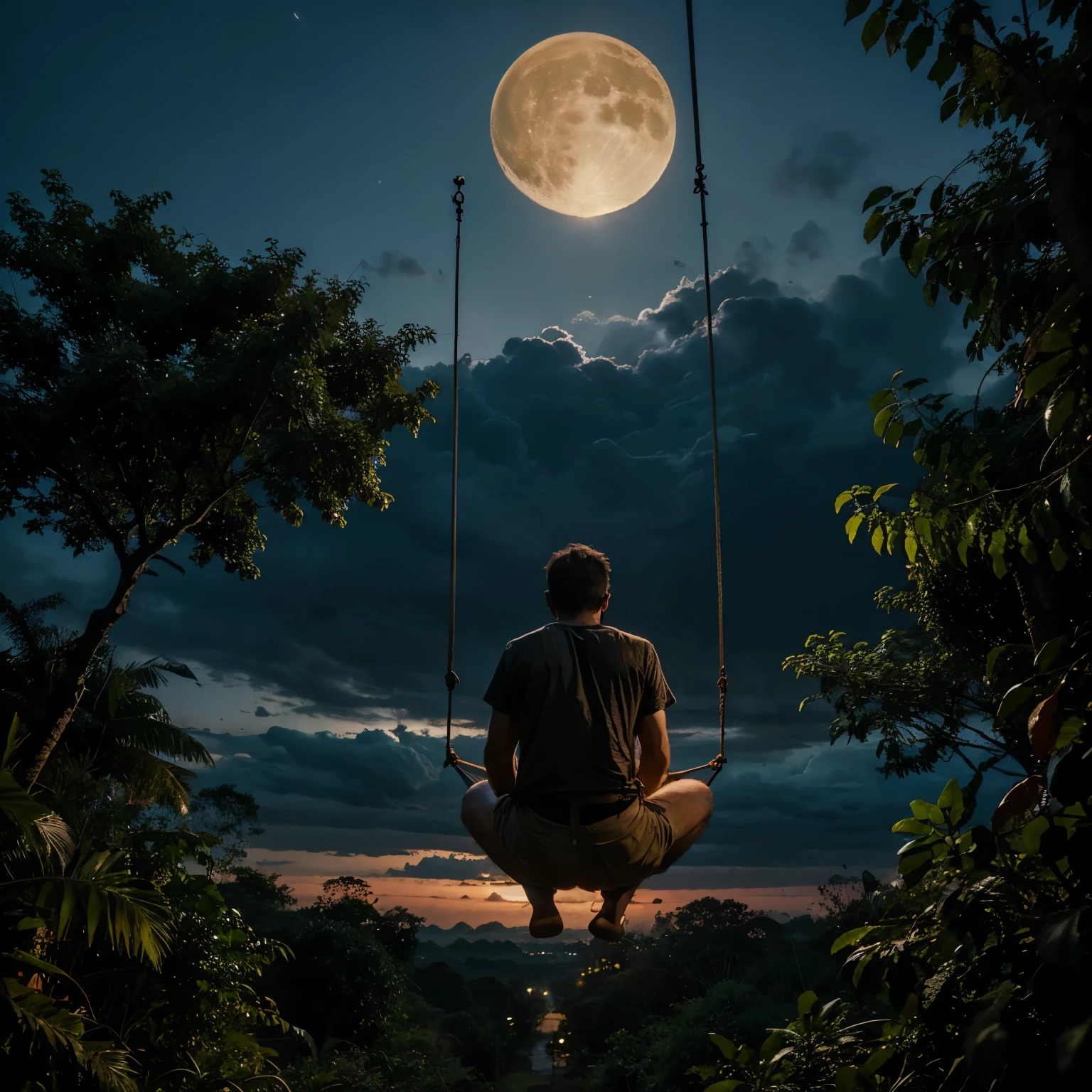 Beautiful night in the jungle with a full moon in the middle and a on his back sitting on a swing hanging from the clouds