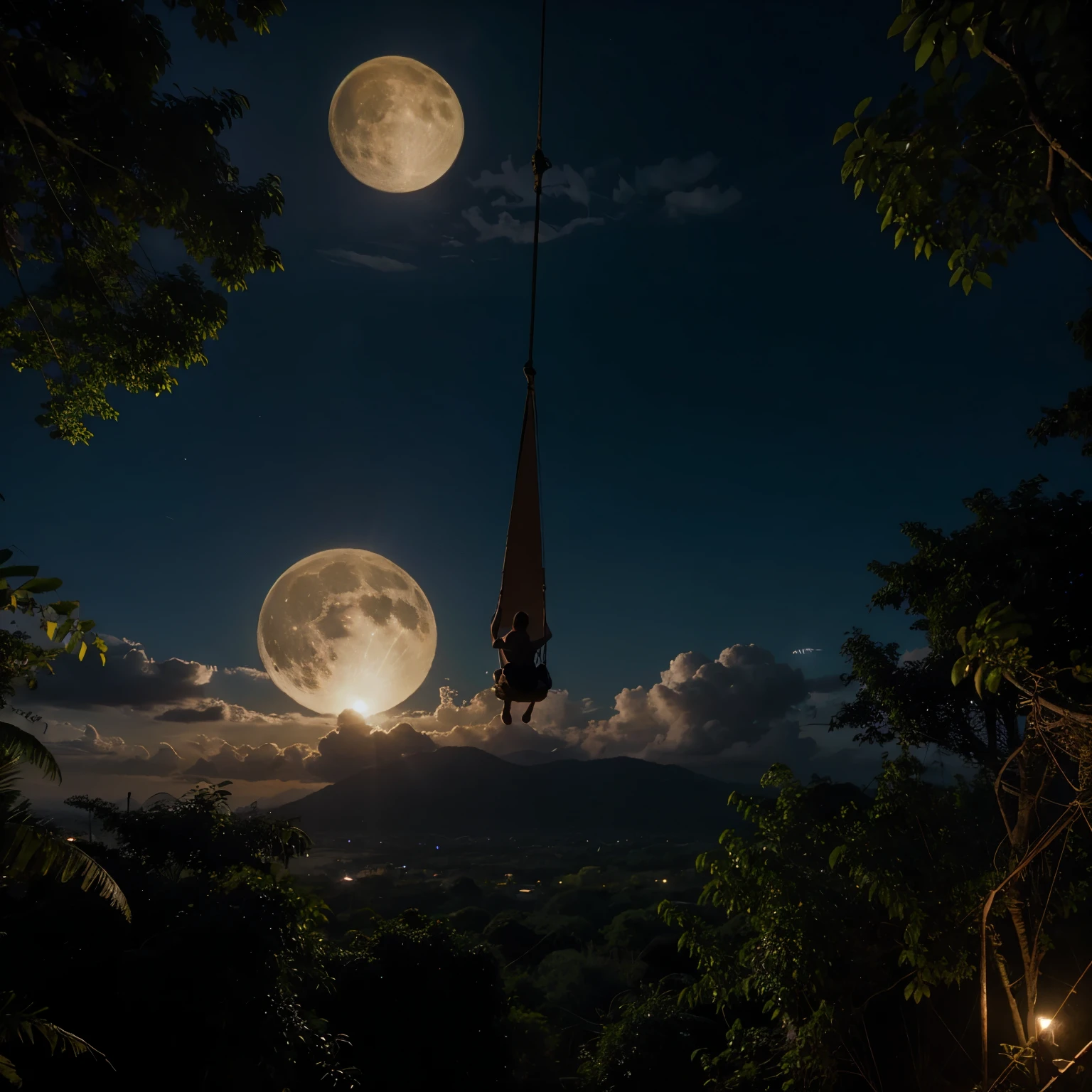 Beautiful night in the jungle with a full moon in the middle and a on his back sitting on a swing hanging from the clouds