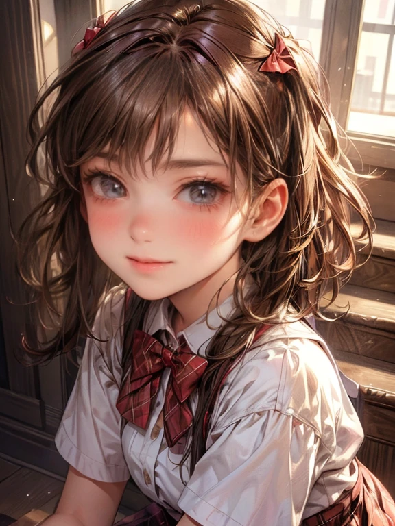 (best quality, highres, masterpiece: 1.2,8k), ultra-detailed, (realistic, photorealistic, photo-realistic), cute school girl in, Beautie, gentle  smile, full body seen, ((Middle Wave Hair, Bangs, Brown hair)), ((brown-eyed, beautiful long eyebrows, Realistic eyes)), (Detailed face, Blushing)), ((Smooth texture: 0.75, Realistic texture: 0.65)), Dynamic Angle, Perfect body, (red bowtie, white shirt, plaid skirt)), City staircase, looking up from the bottom of the stairs, very annoying panic smile, sparkling eyes, delicate pupils, shining lips, Beautiful and delicate (hair, eyes, lips, cute face)