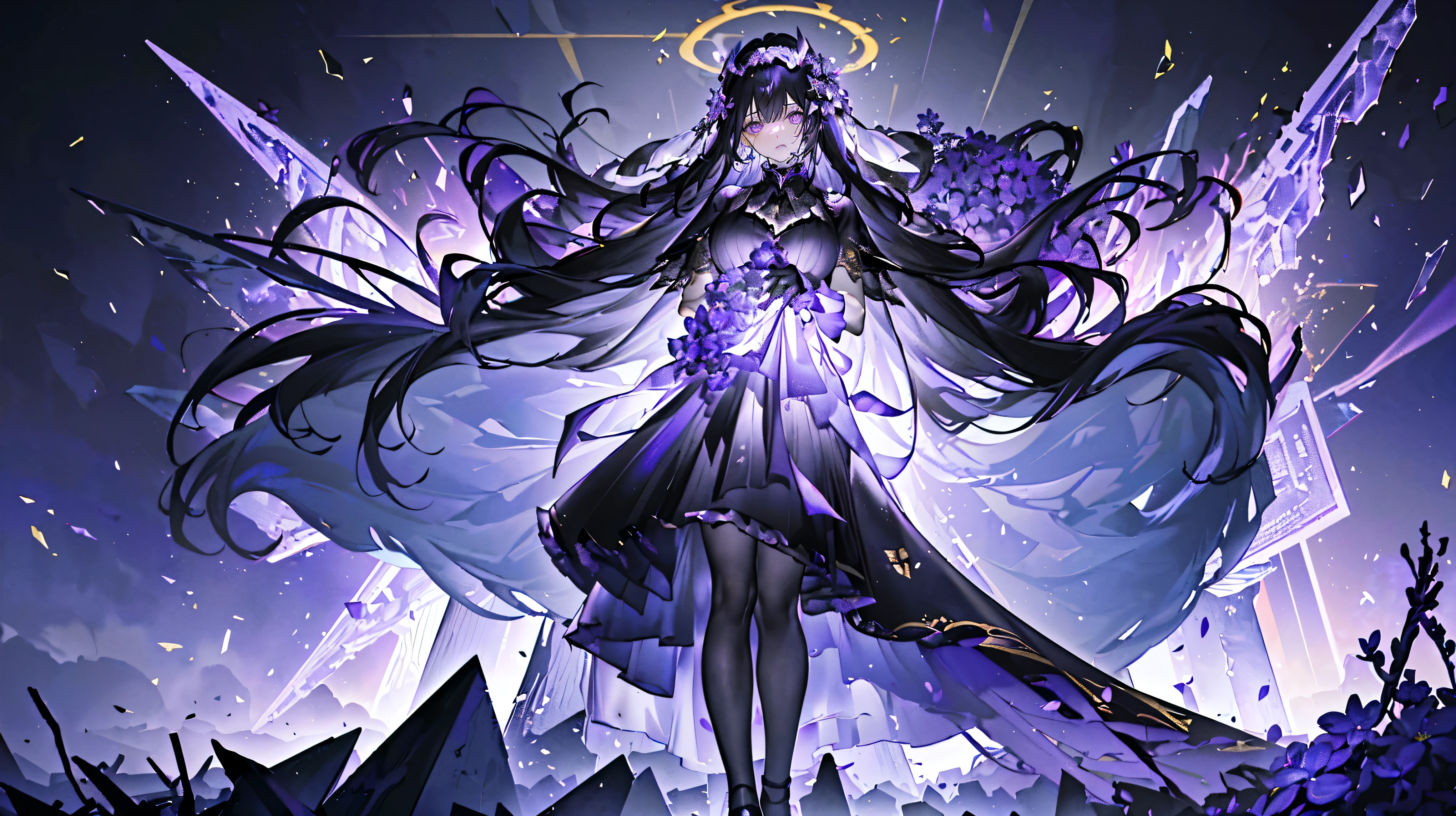 (Super detailed)),((illustration)),((masterpiece)),(((need))),((Beautifully、Highest quality CG Unity 8K wallpaper masterpiece),((4k,masterpiece,best quality)),Woman with purple black hair,Mature,Playful eyes,Black and gold ruffled long tulle skirt,Dress appropriately,Wrapped in bandages,Lilac veil,Black and gold embellishment,Dim light,Hold the Pharaoh's scepter,Coercion,A huge pyramid emitting a dim purple light,Halo,Big Breasts,Holding a three-dimensional triangle in hand,Abstract symbol floating in the air,Black Hole Black Silk,Black high heels,in the museum,There are many items with unique shapes,Standing in a huge coffin,There are a lot of coffins around,mummy,Holding a bunch of purple flowers in hands,A sea of purple flowers,Black and gold stripes,Melting statue,Full body close-up perspective