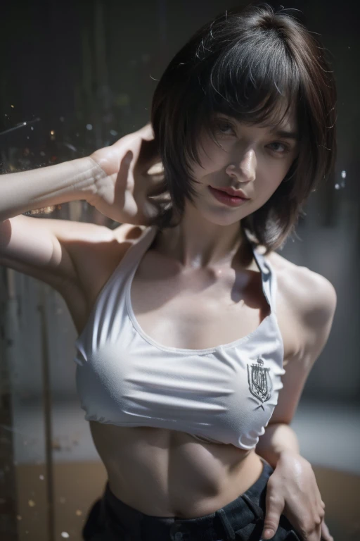 tmasterpiece,Best quality,A high resolution,8K,(Portrait photograph:1.5),(ROriginal photo),real photograph,digital photography,(Combination of cyberpunk and fantasy style),(Female soldier),20 year old girl,random hair style,By bangs,exposing your navel,Photo pose,Realisticstyle,Thunder and lightning on rainy day,(Thunder magic),oc render reflection texture, naked portrait, nude photography, shiny nipple, show armpit